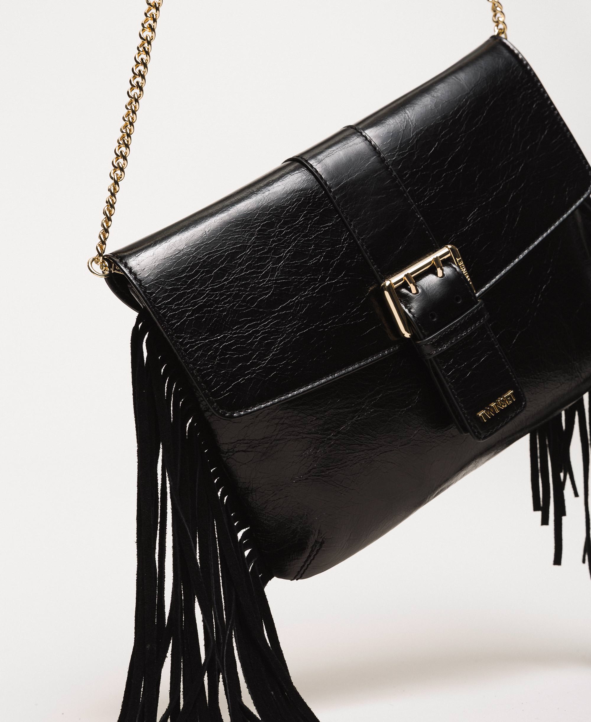 Borsa a tracolla in pelle con frange Donna, Nero | TWINSET Milano