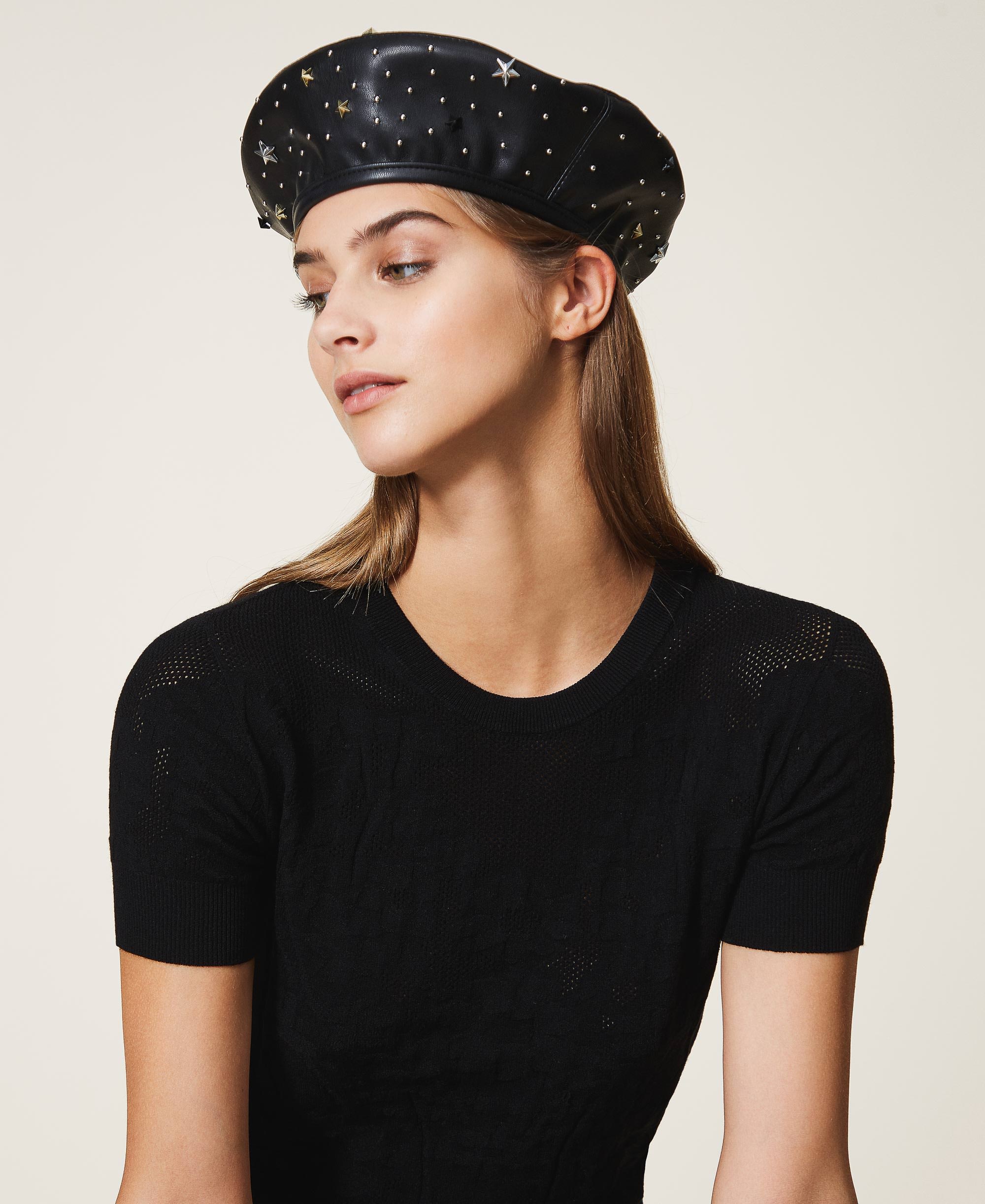 Faux Leather Beret With Mixed Studs Woman Black Twinset Milano