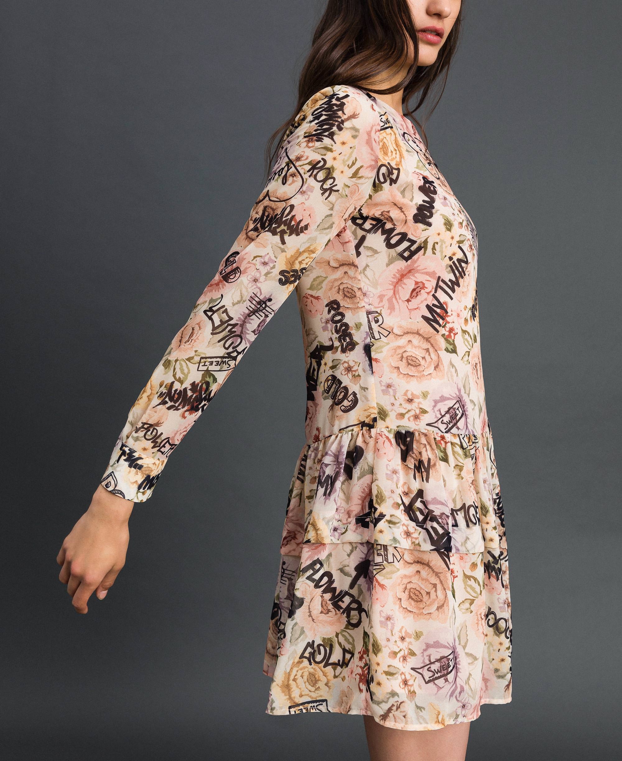Dress with floral and graffiti print