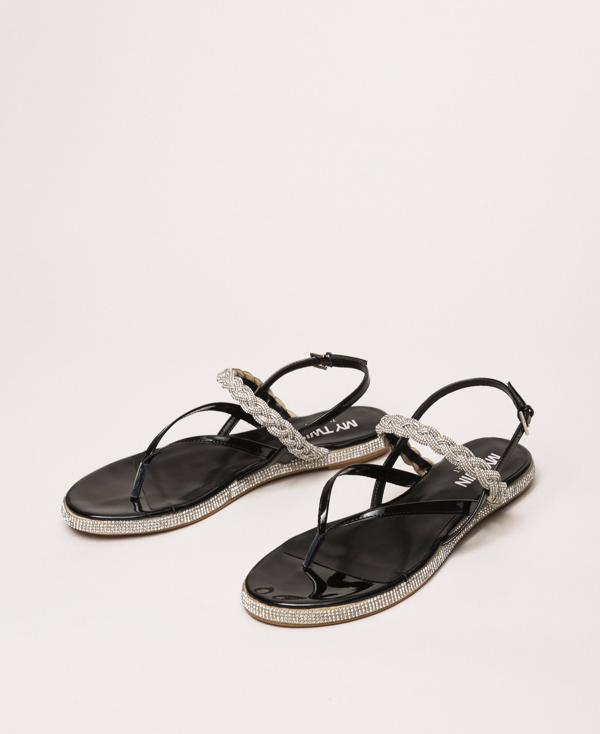 Sandali infradito con treccia e strass Donna, Nero | TWINSET Milano