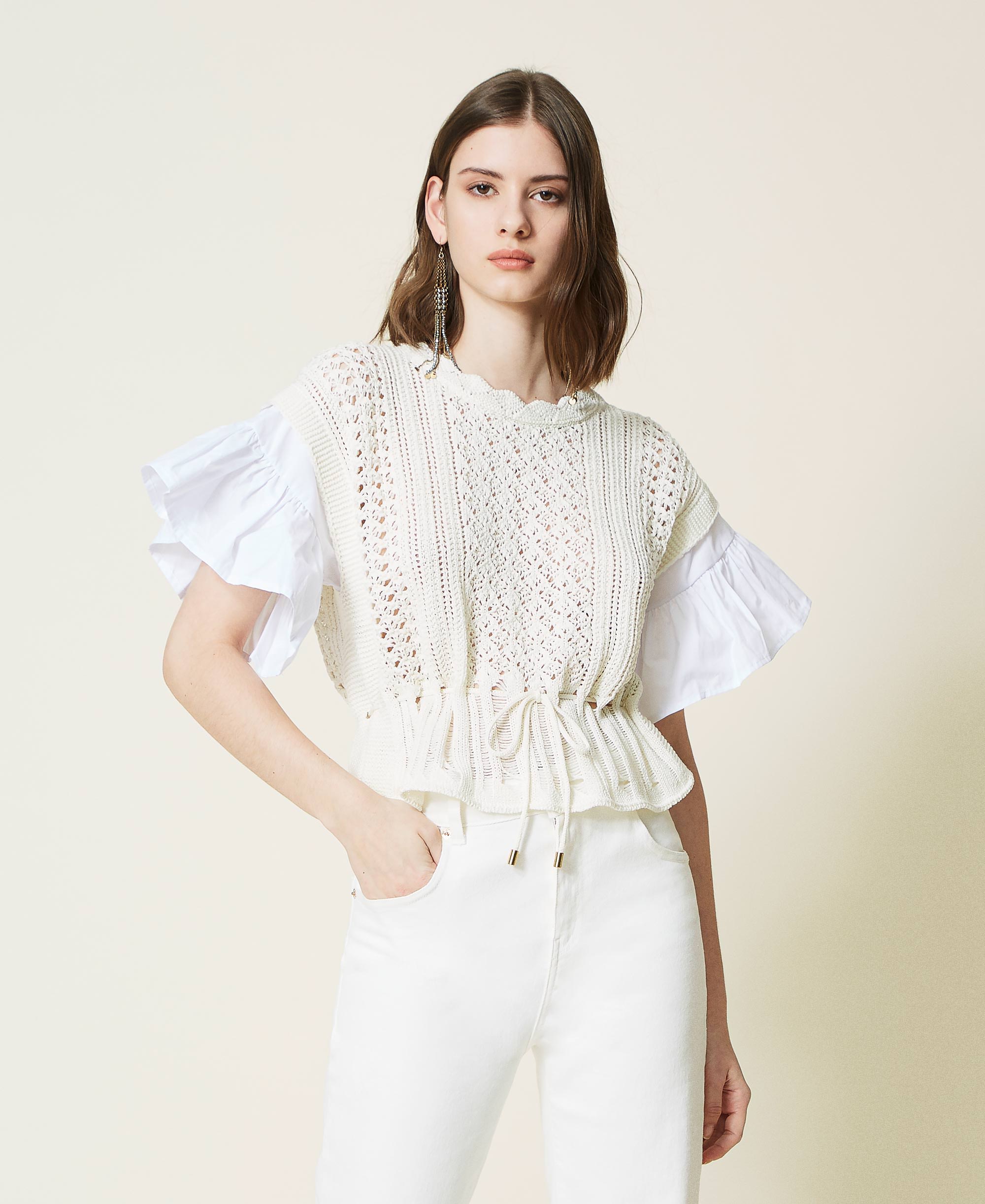 Boxy jumper with inserts Woman, White | TWINSET Milano