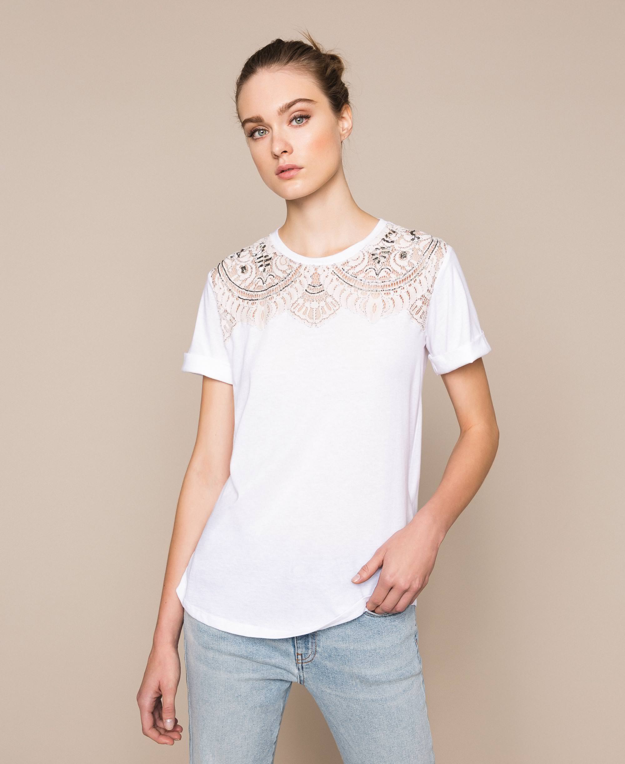 Icon T-shirt crop donna con pizzo nero main image 1