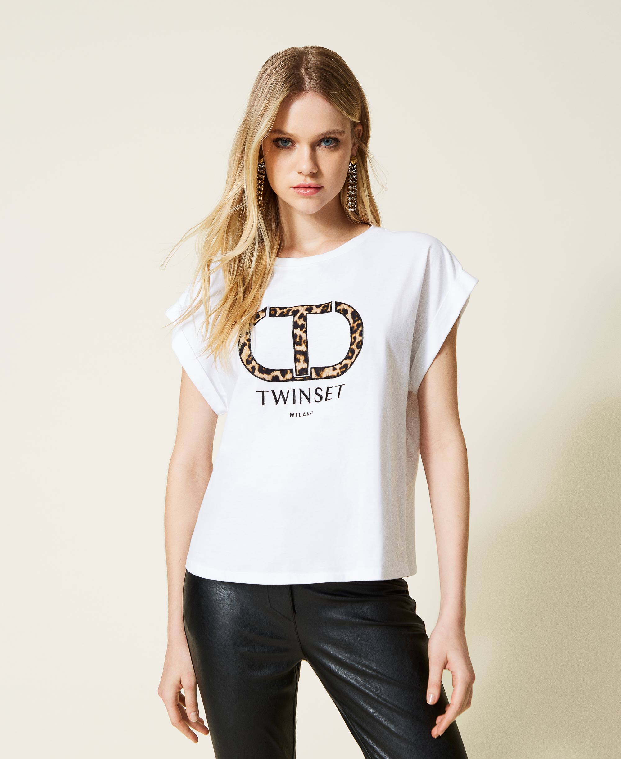T-shirt with animal print logo Woman, White | TWINSET Milano