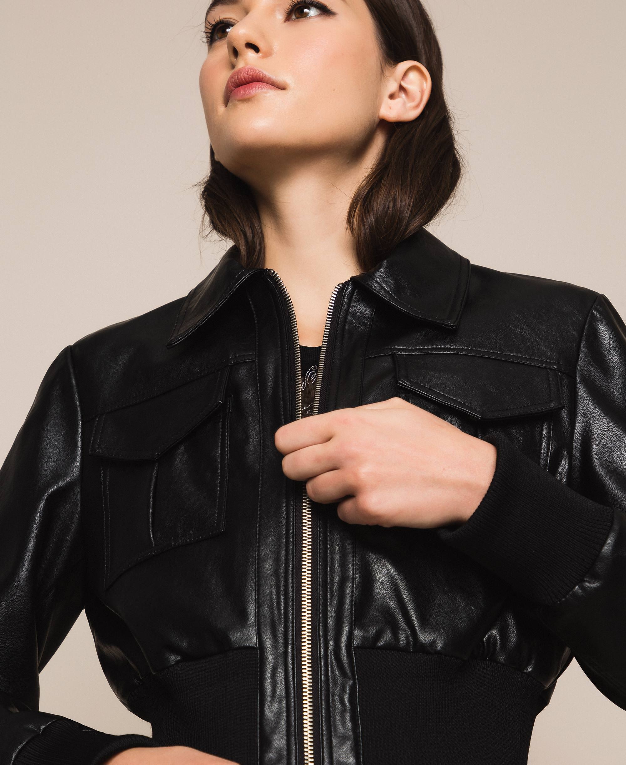 Faux leather jacket with waist band Woman, Black | TWINSET Milano