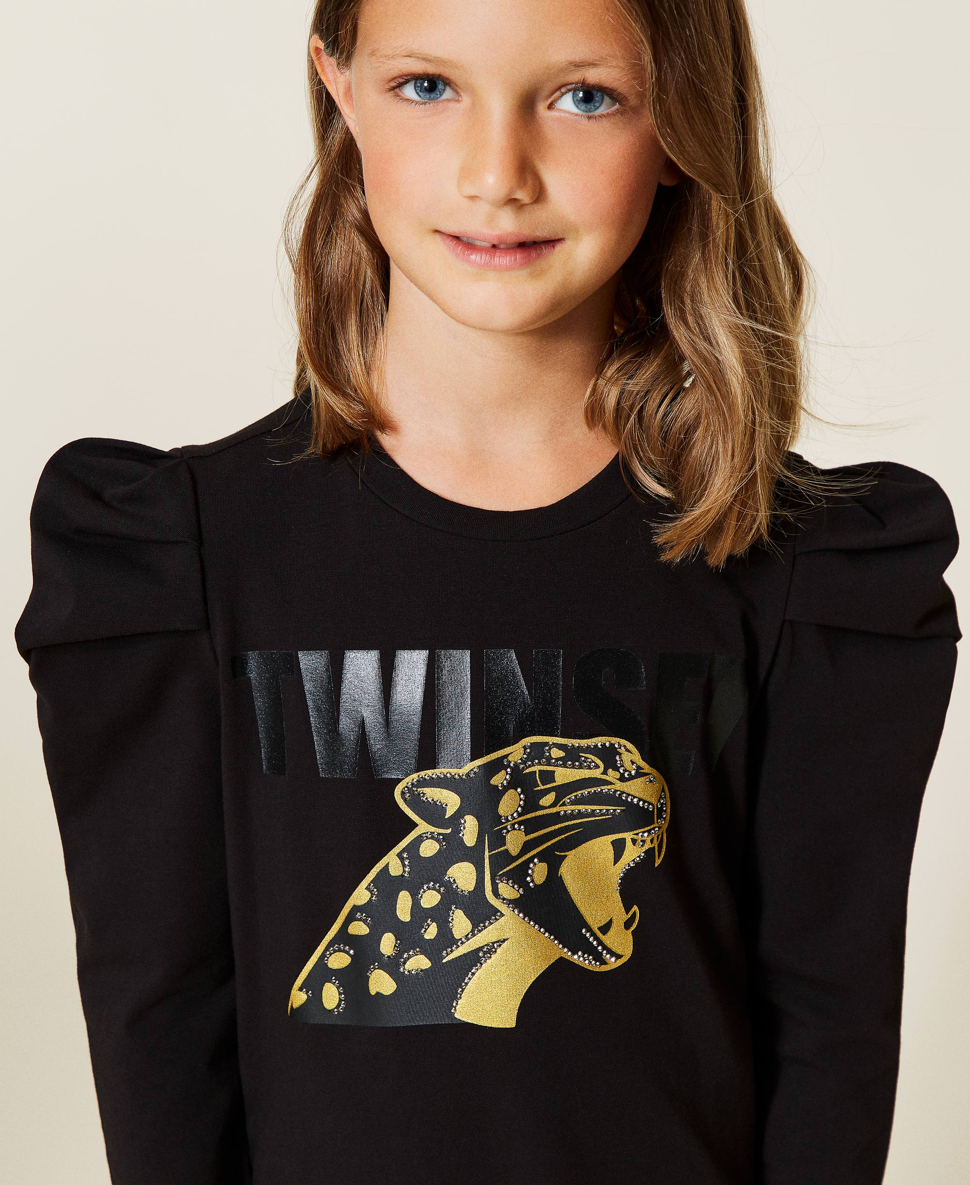 T-shirt with print and animal print leggings Child, Black | TWINSET Milano