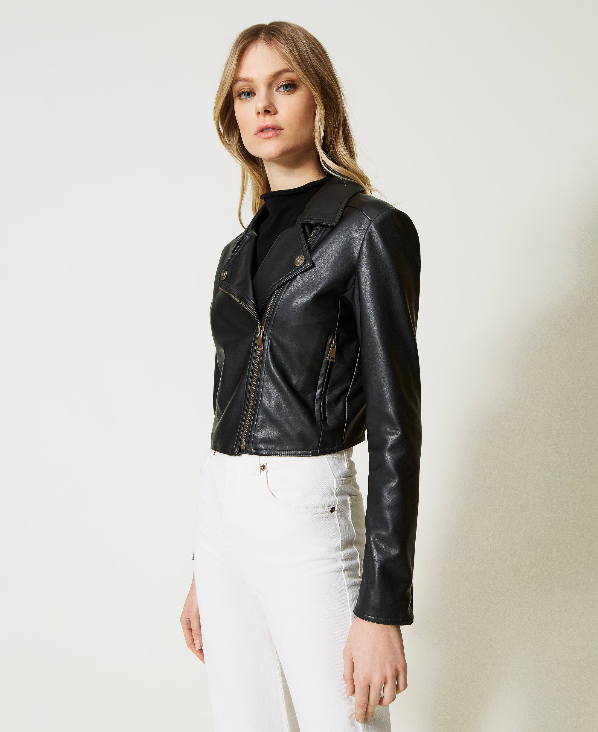 Leather-like biker jacket Woman, Black | TWINSET Milano