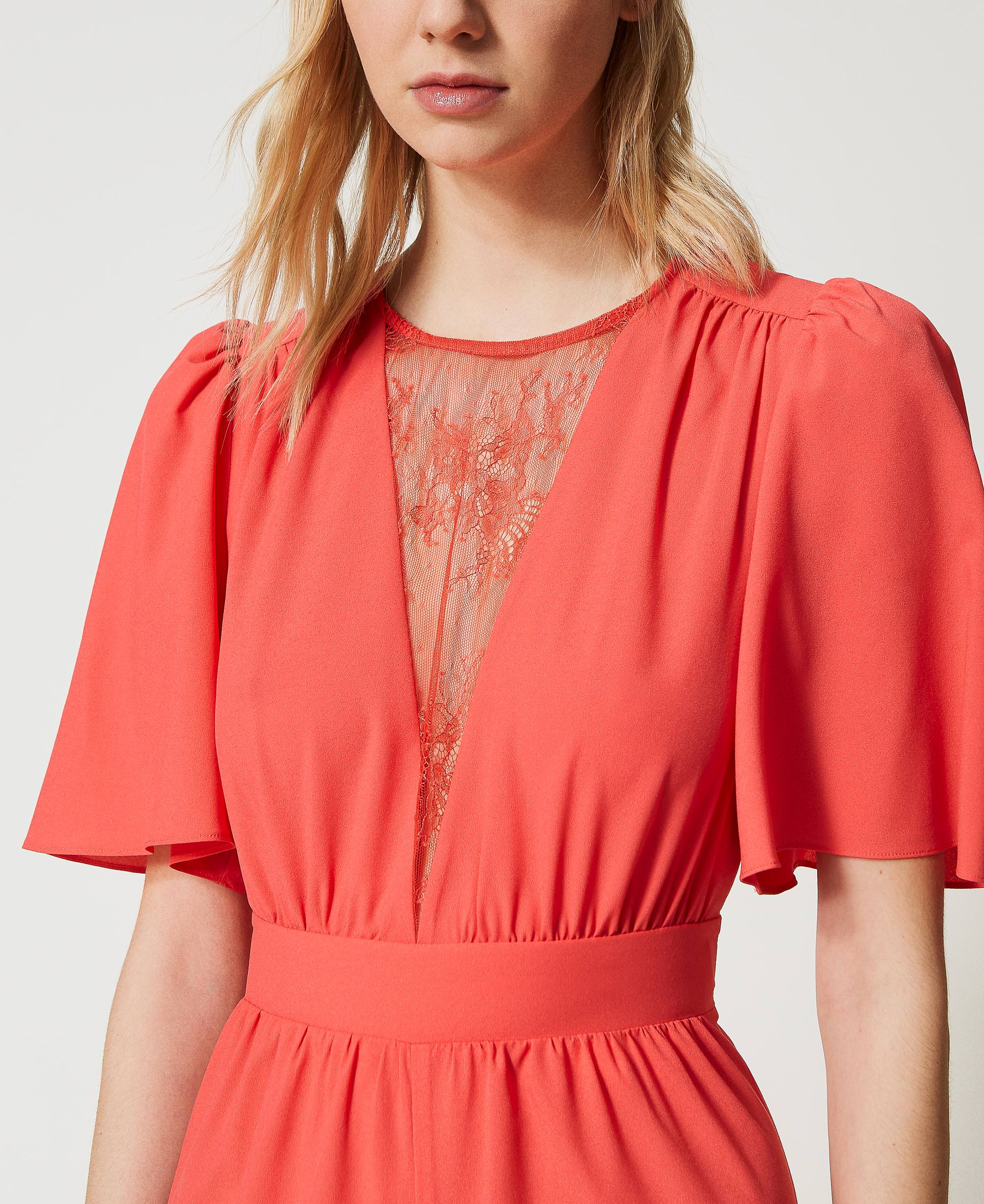 Crêpe de Chine and lace jumpsuit Woman, Red | TWINSET Milano