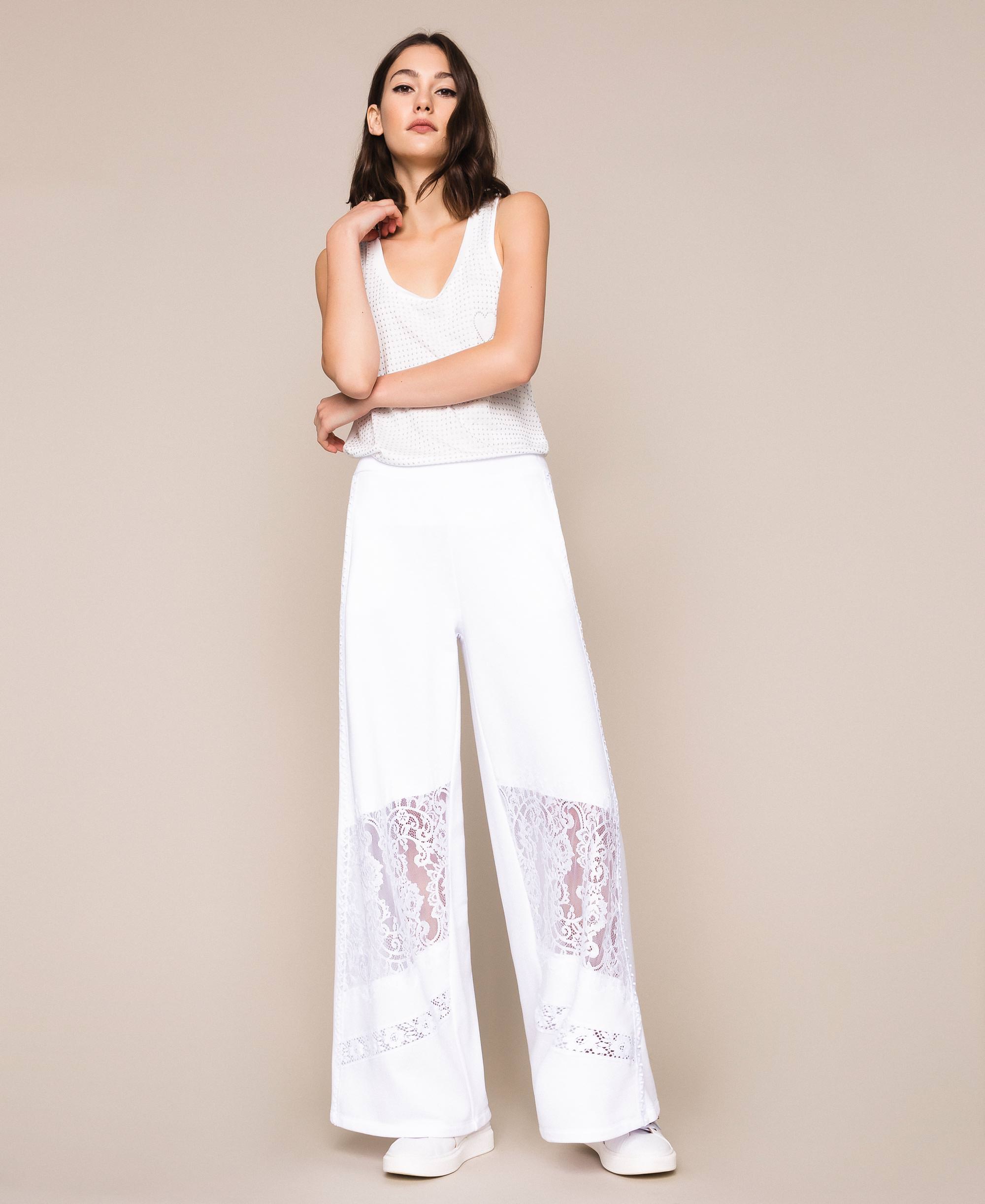 Pantalón palazzo de felpa con encaje Mujer, Blanco | TWINSET Milano