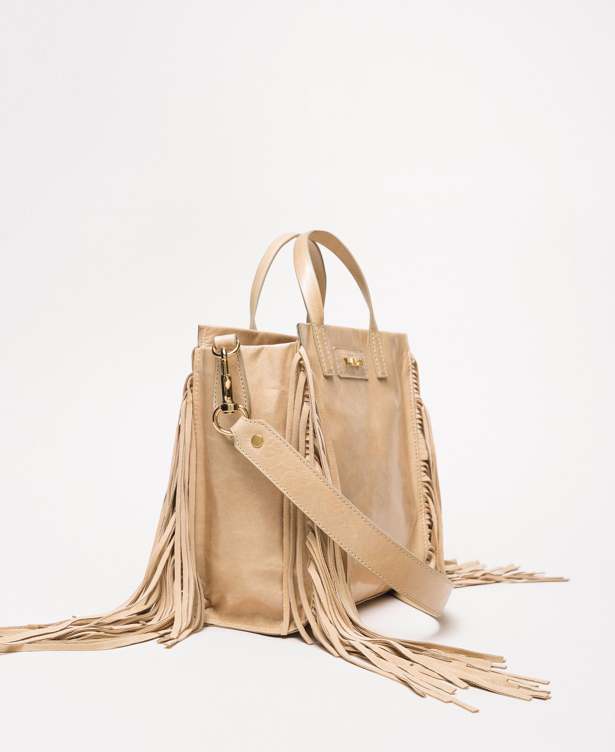 Borsa shopper media in pelle con frange Donna, Beige | TWINSET Milano