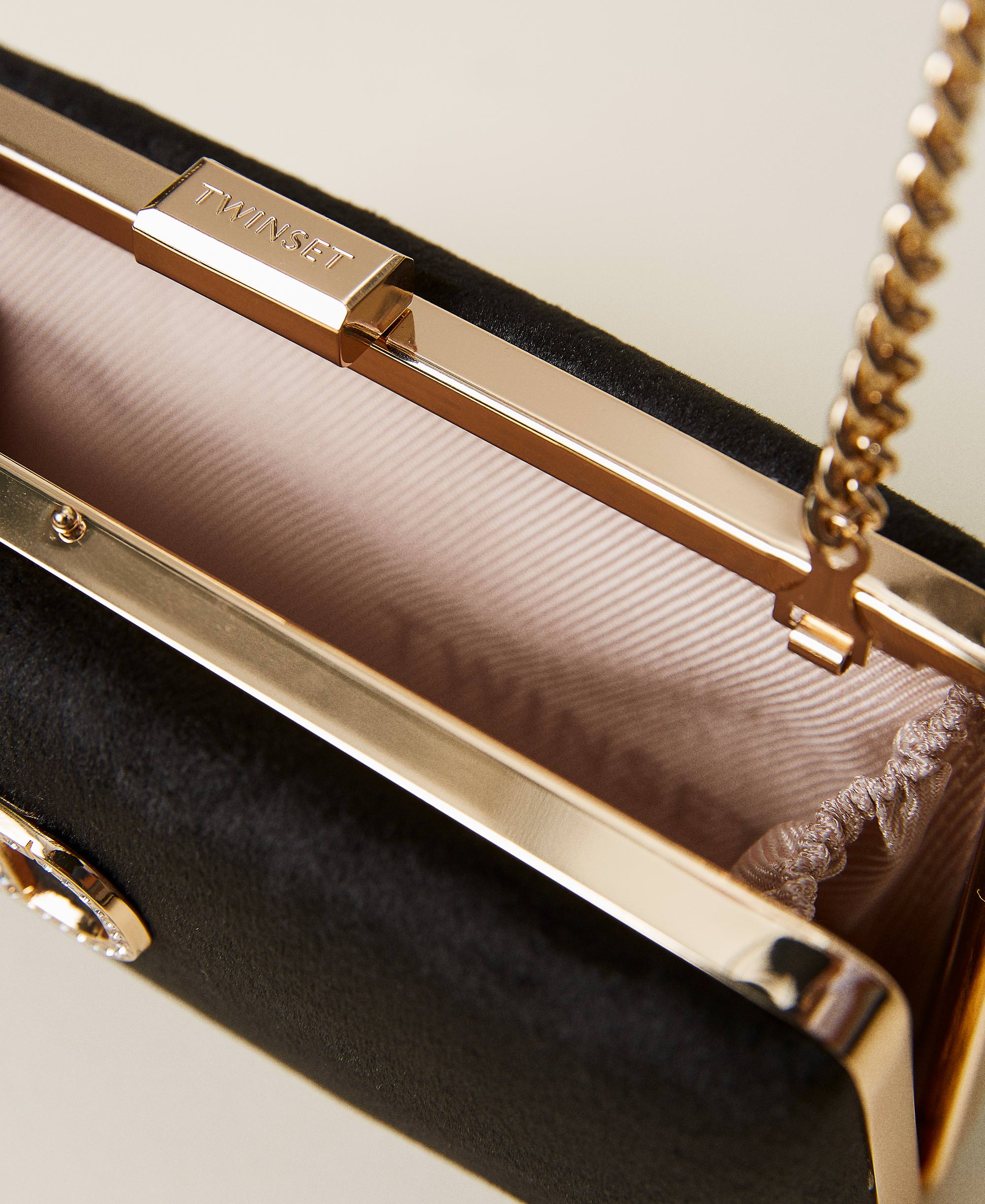 Velvet clutch with rhinestone logo Woman, Black TWINSET Milano