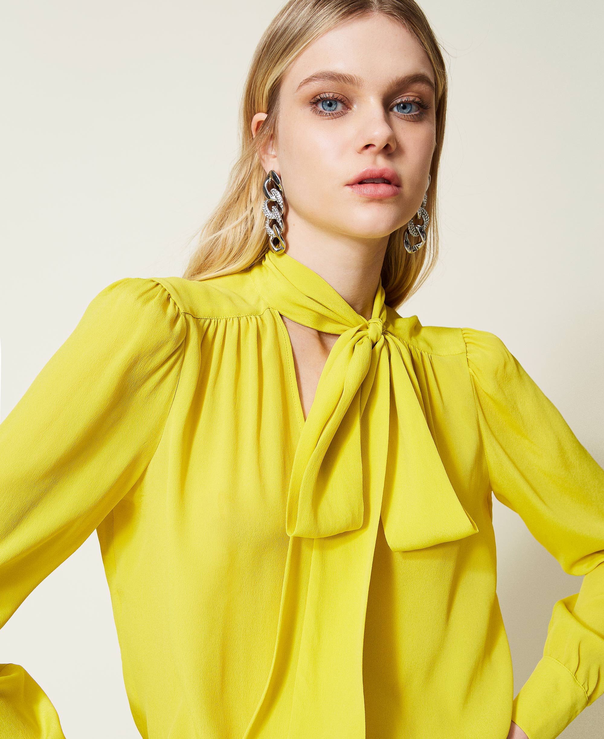 Silk blend blouse with pussy bow Woman, Yellow | TWINSET Milano