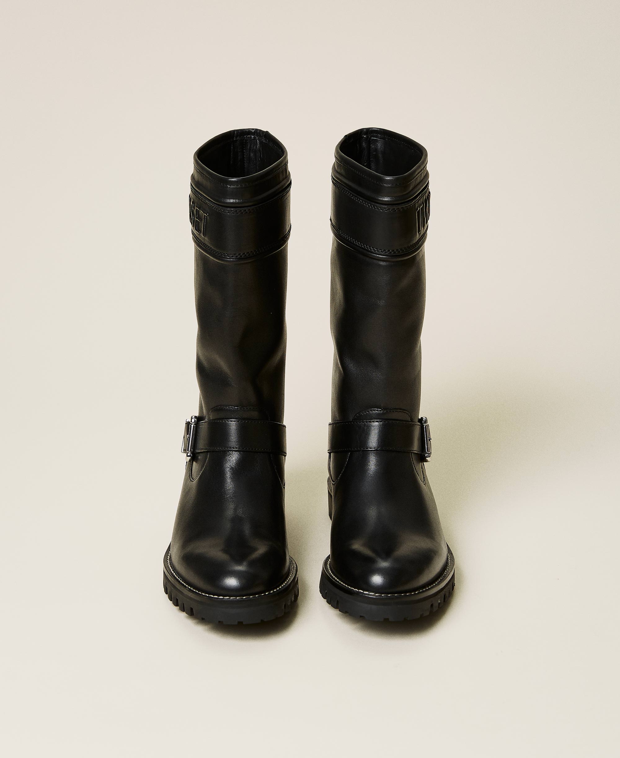 Botas moteras de piel con logotipo Mujer, Negro | TWINSET Milano