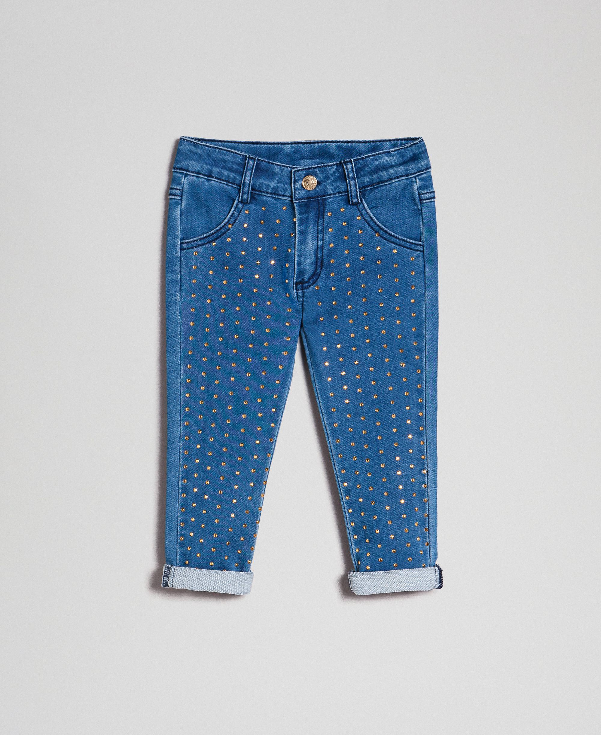 Jeans effect skinny trousers with studs