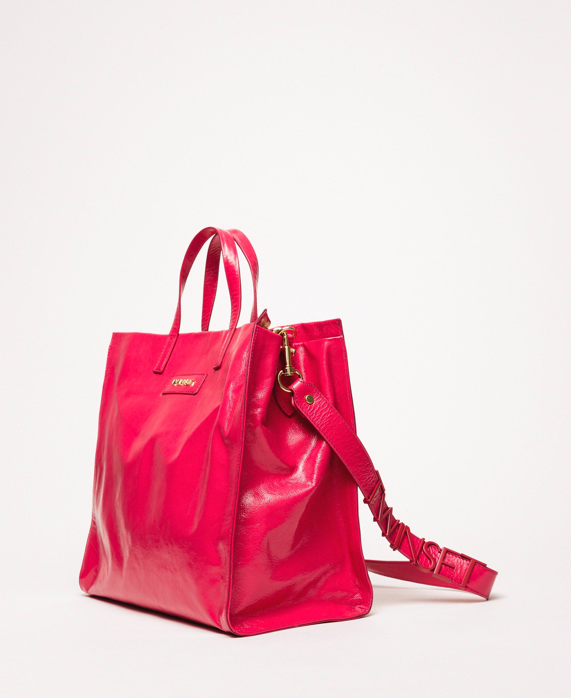 Borsa shopper grande in pelle con logo Donna, Fucsia | TWINSET Milano