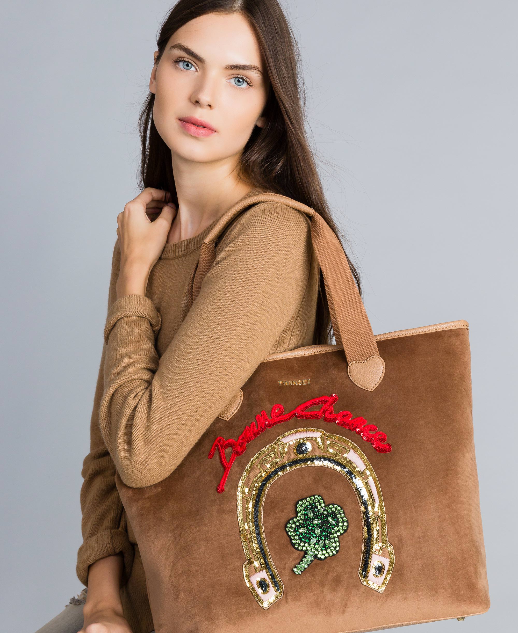 Embroidered velvet shopper bag