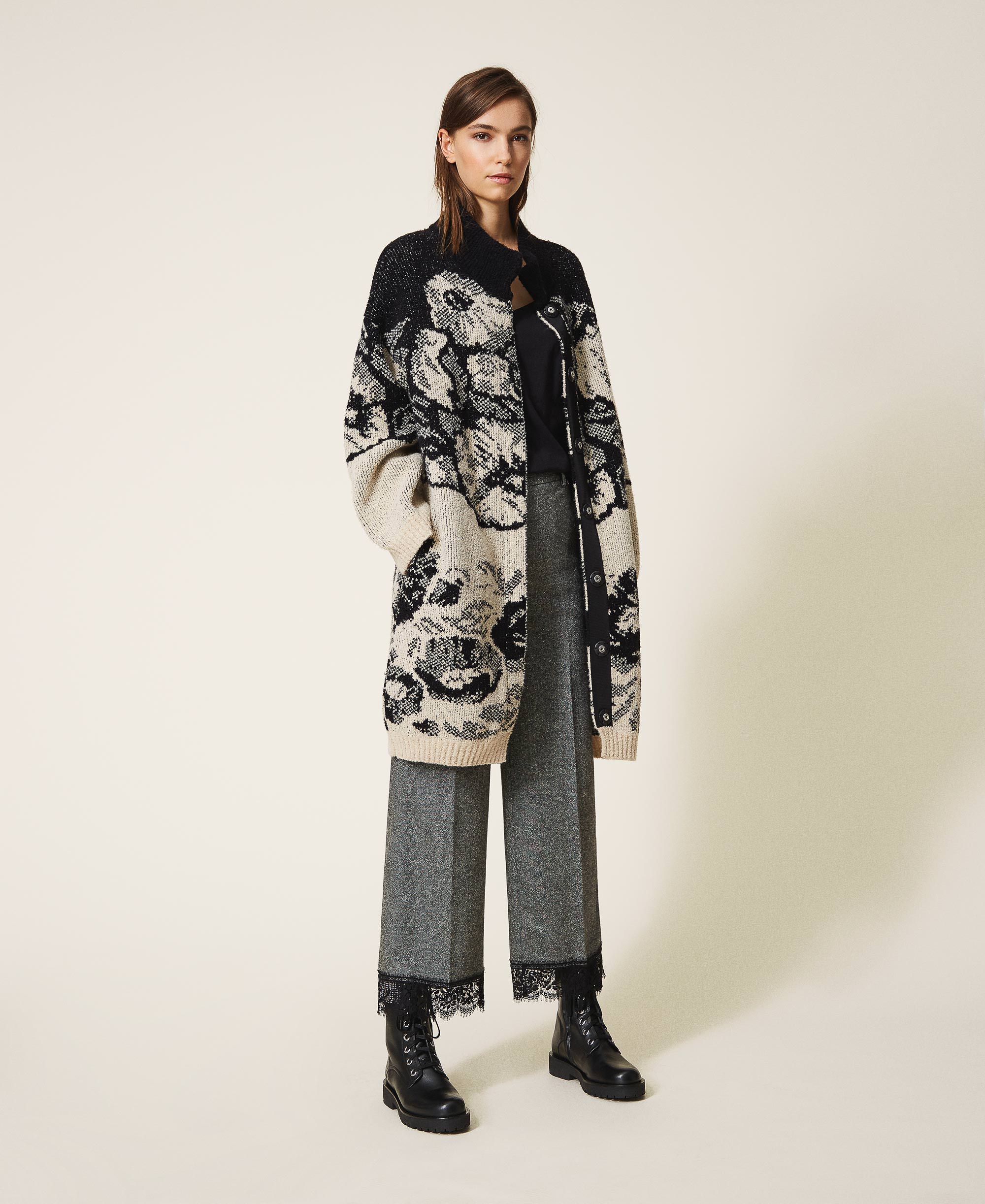 Floral jacquard knit coat Woman, Black | TWINSET Milano