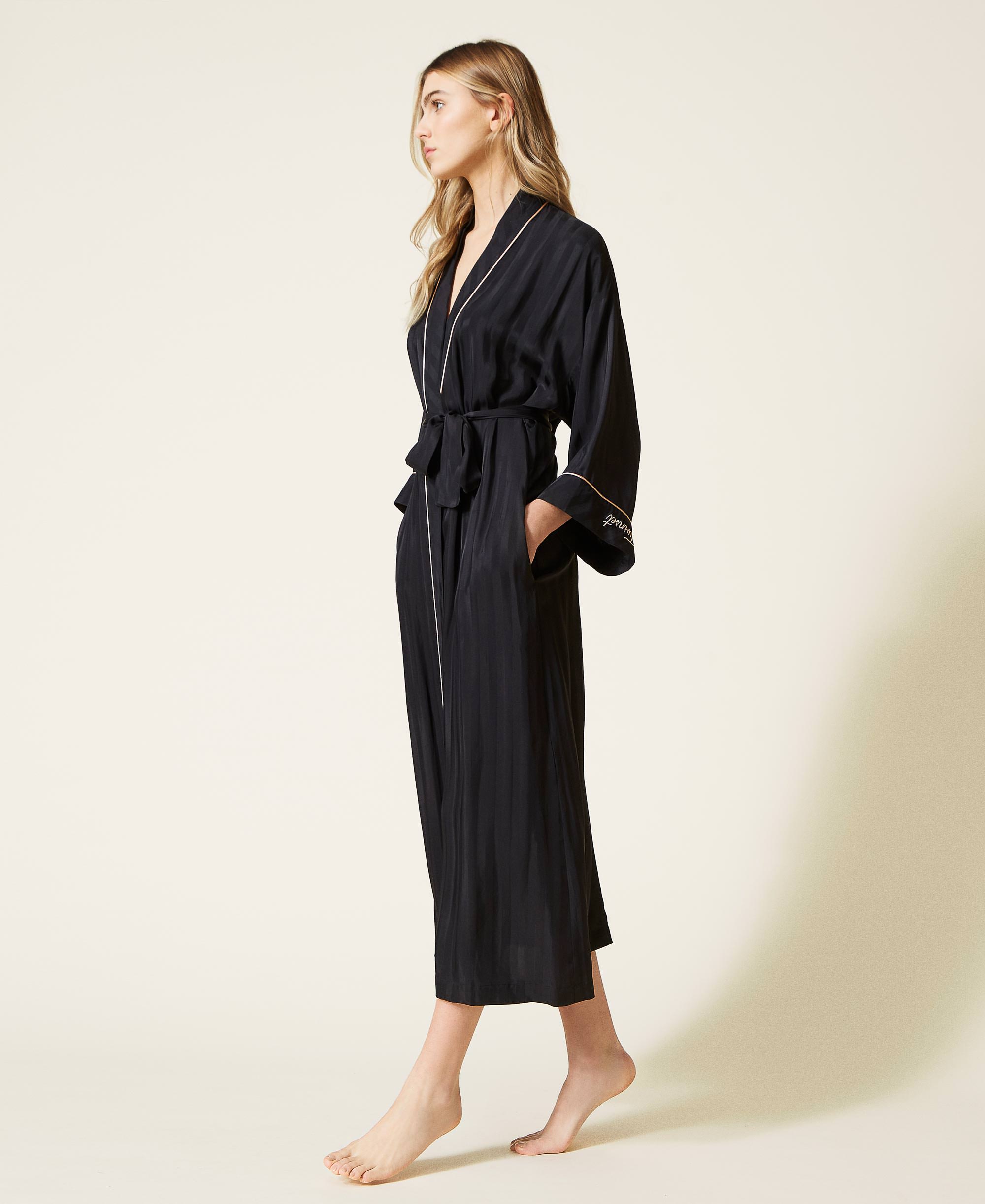 Jacquard satin dressing gown Woman, Black | TWINSET Milano