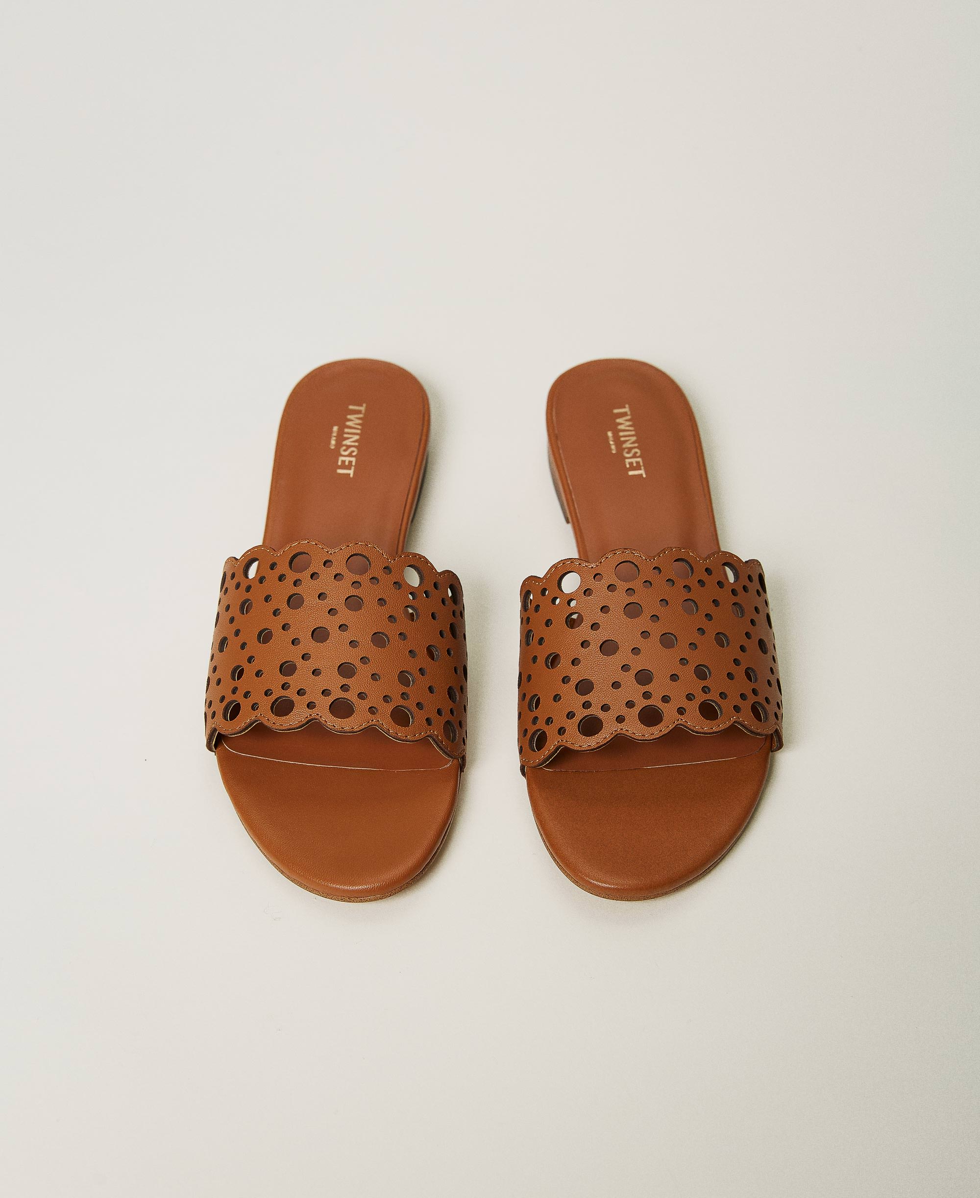 Lasered leather slides Woman, Brown TWINSET Milano