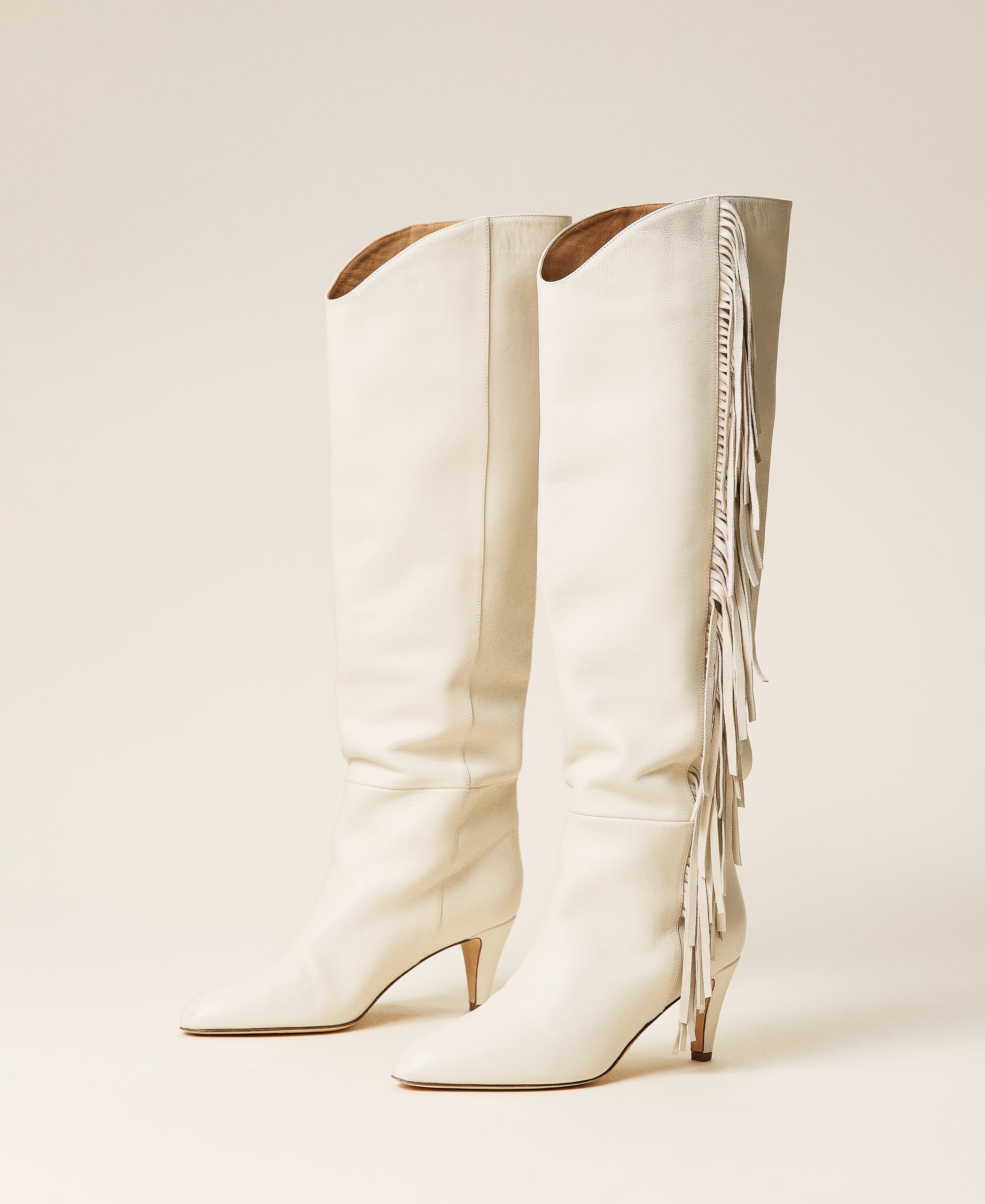 Botas altas de piel con flecos Mujer, Blanco | TWINSET Milano