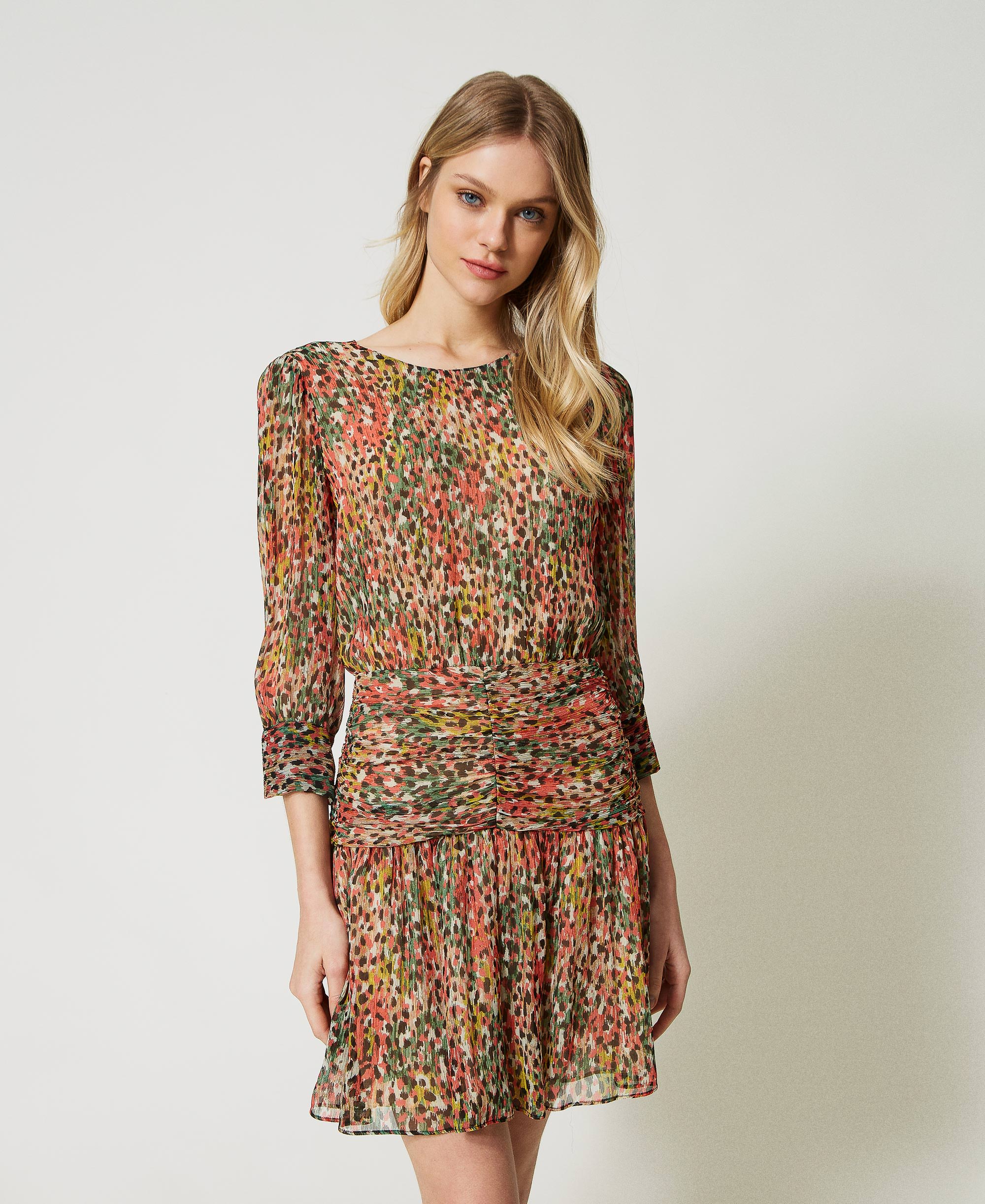 Short creponne dress with animal print Woman, Patterned | TWINSET Milano