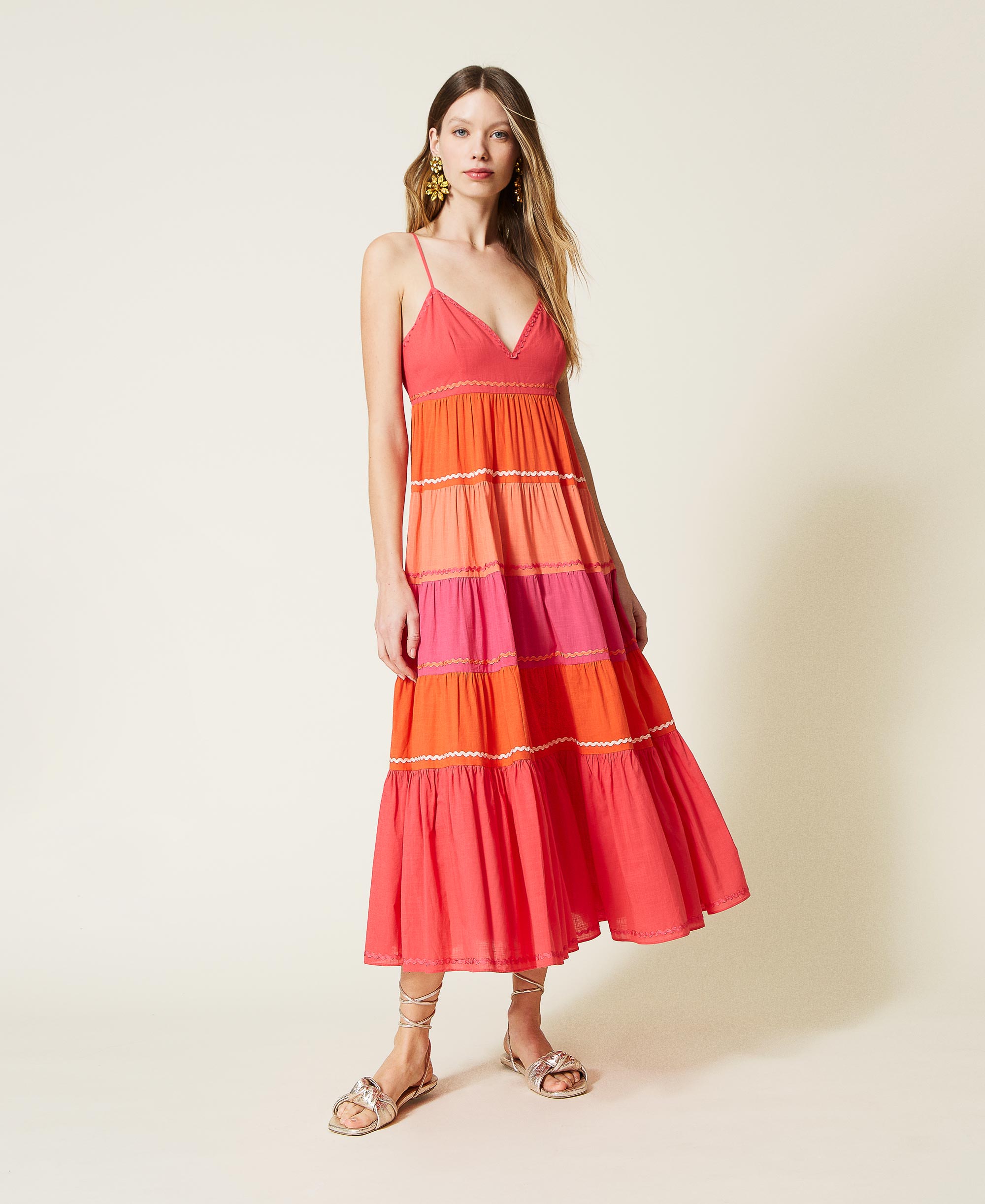 Vestido largo con volantes color block Mujer, Naranja | TWINSET Milano