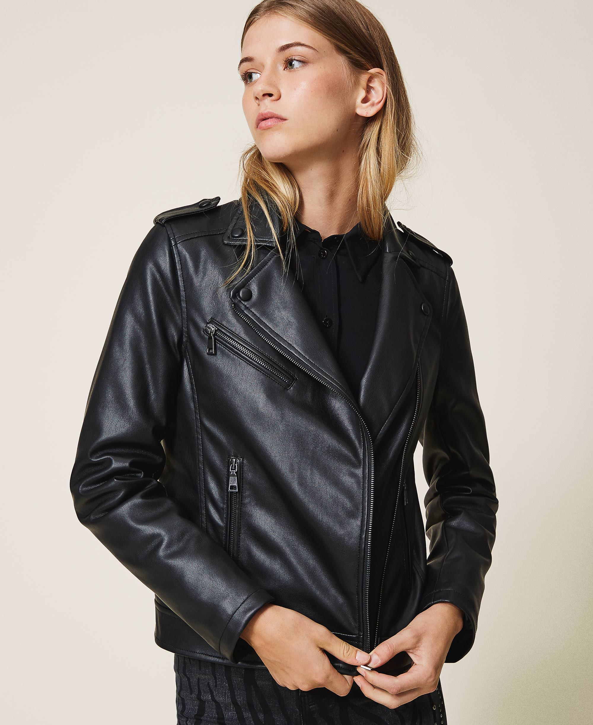 Faux leather biker jacket Woman, Black | TWINSET Milano