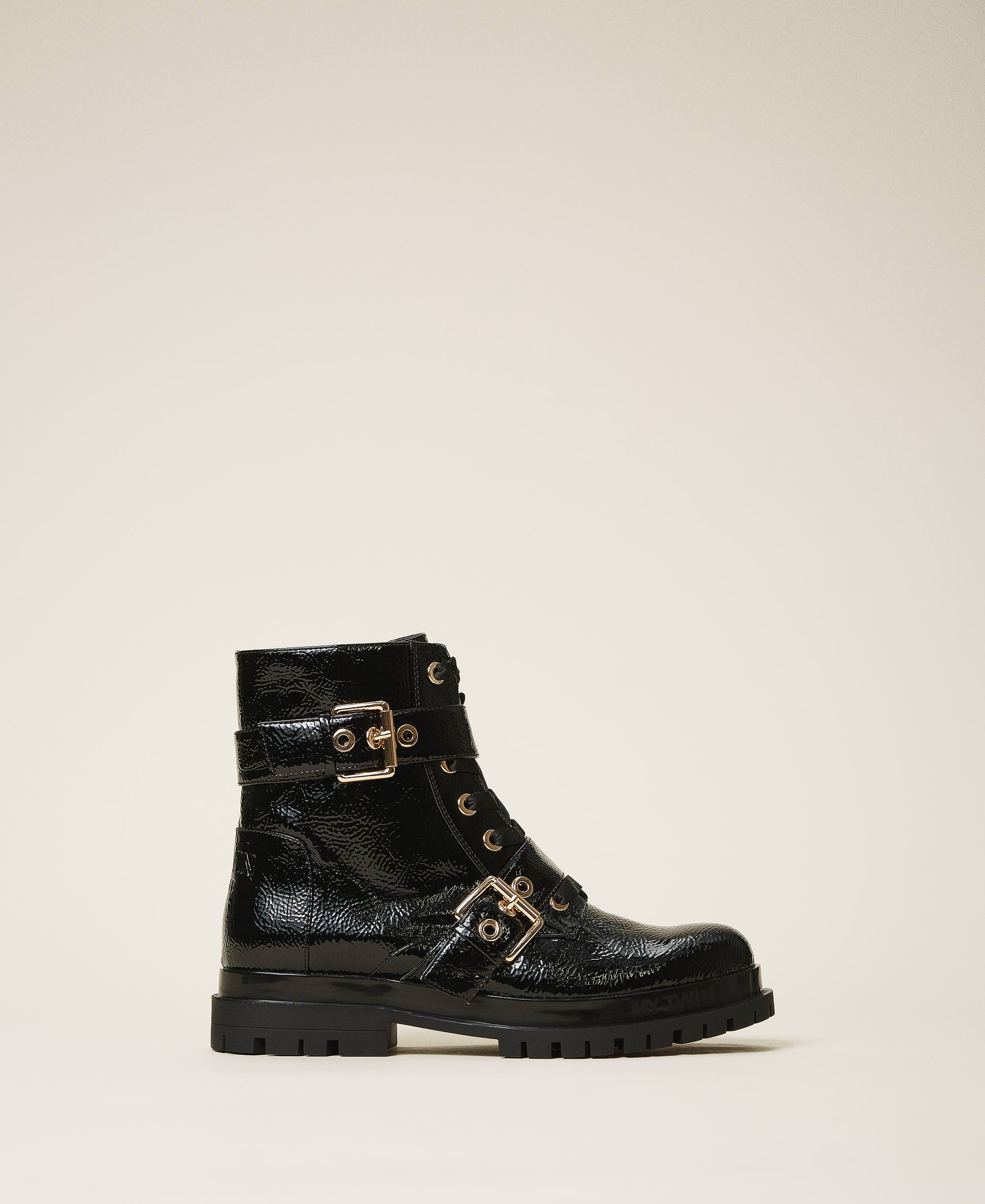 Patent leather biker boots
