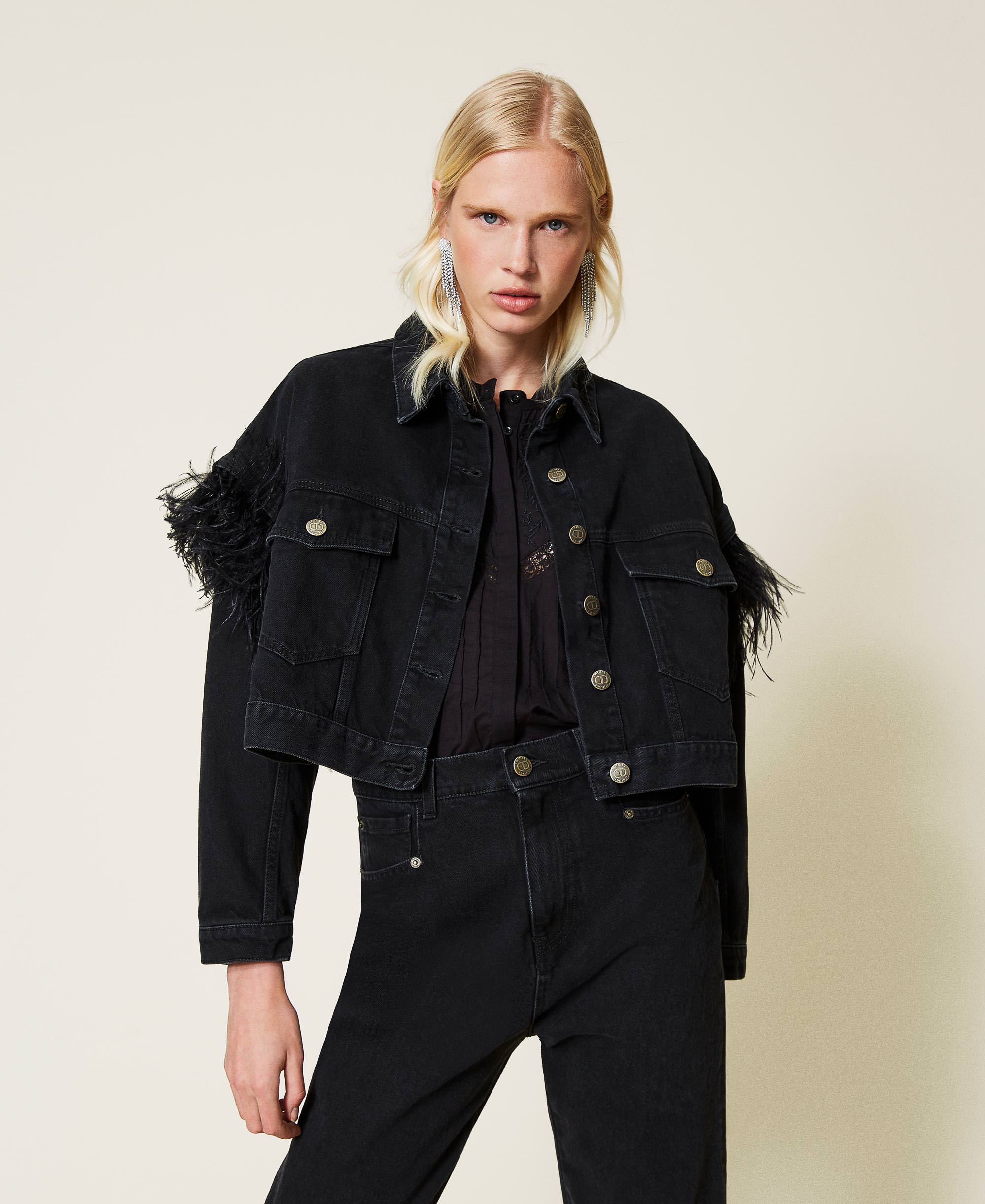 Giacca in jeans con piume Donna, Blu | TWINSET Milano