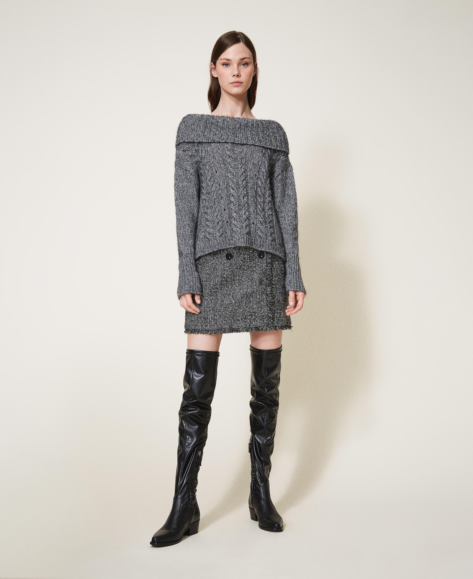 Mixed stitch and cable knit jumper Woman, Grey | TWINSET Milano