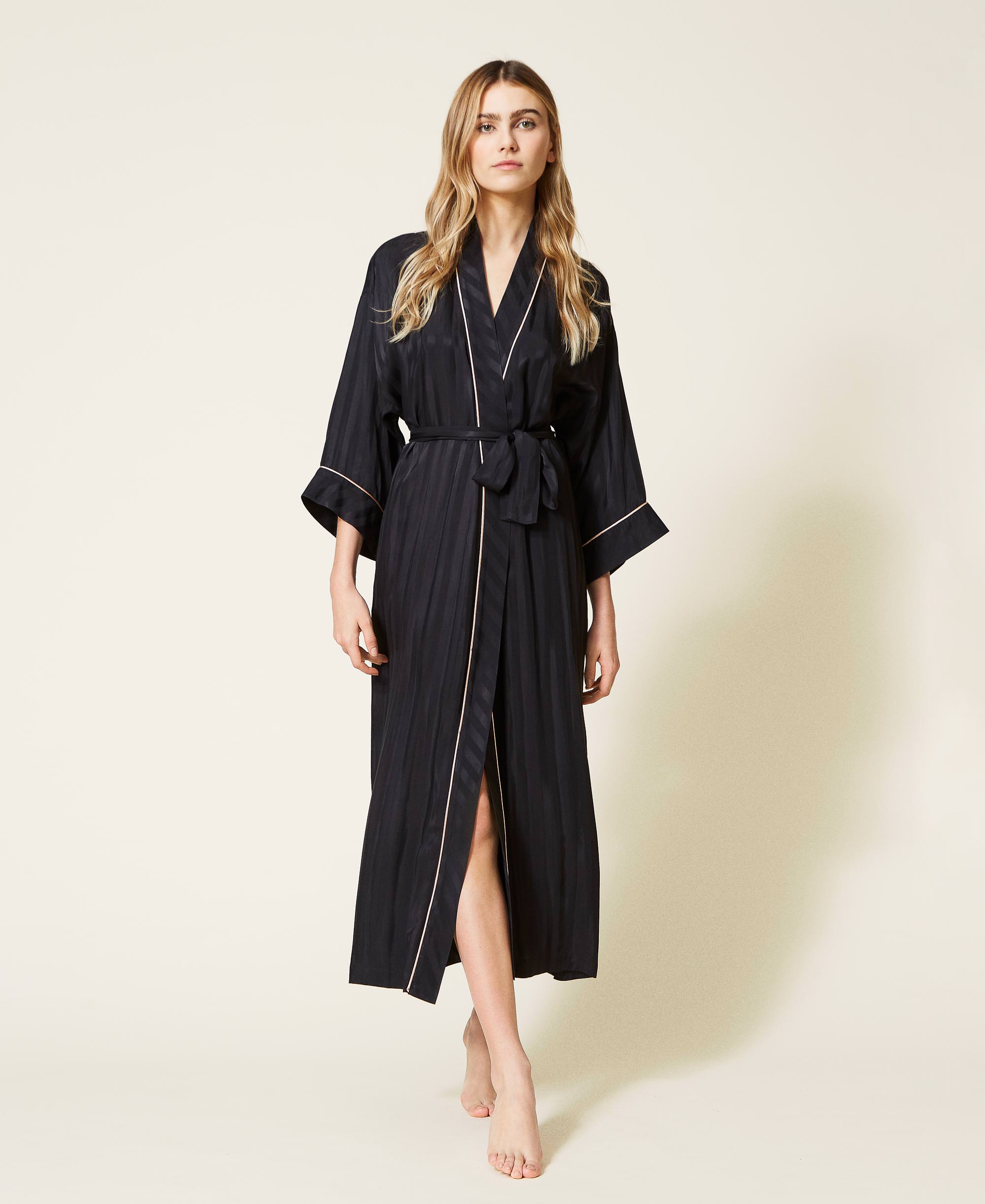Jacquard satin dressing gown Woman, Black | TWINSET Milano