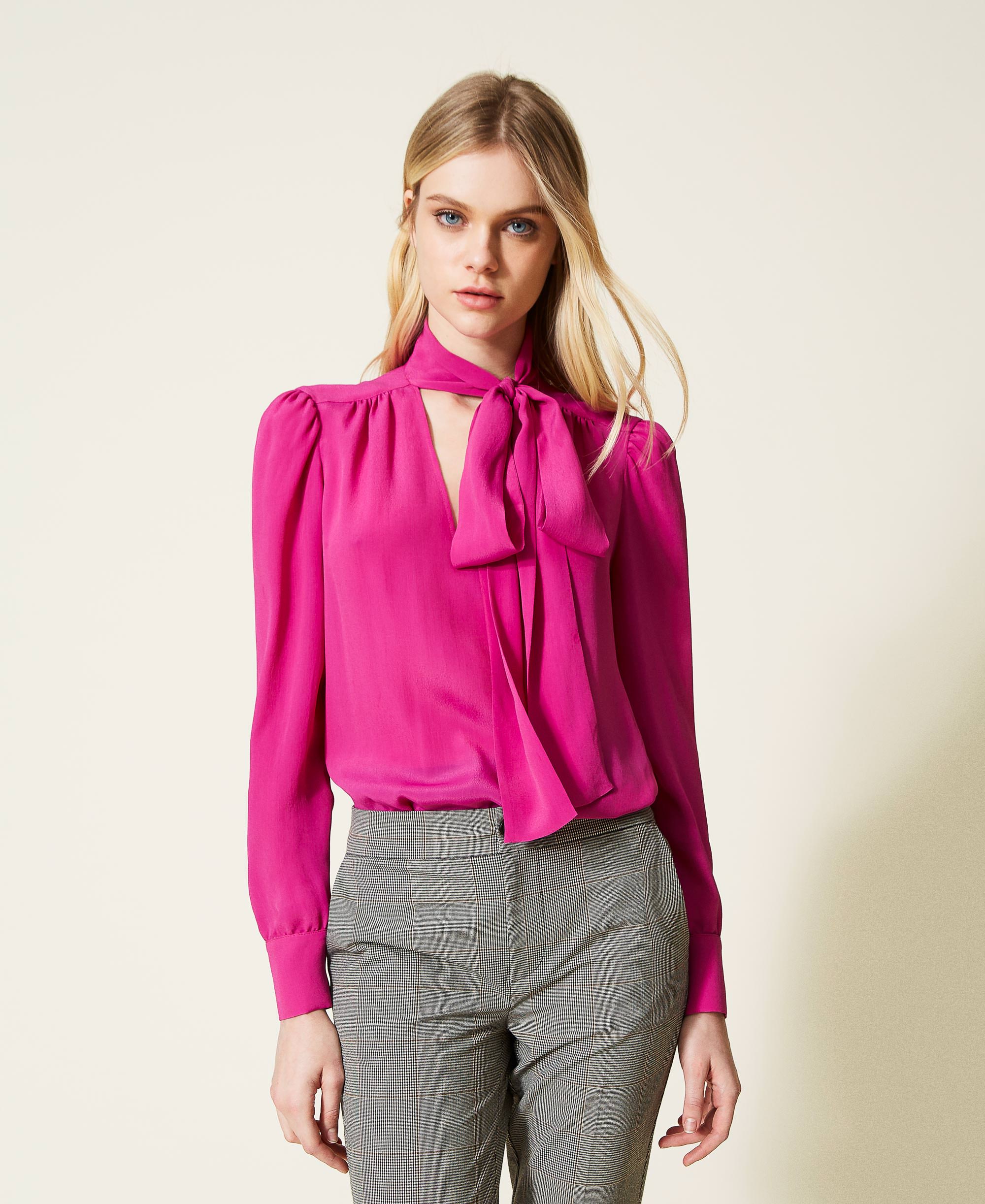Silk Blend Blouse With Pussy Bow Woman Fuchsia Twinset Milano