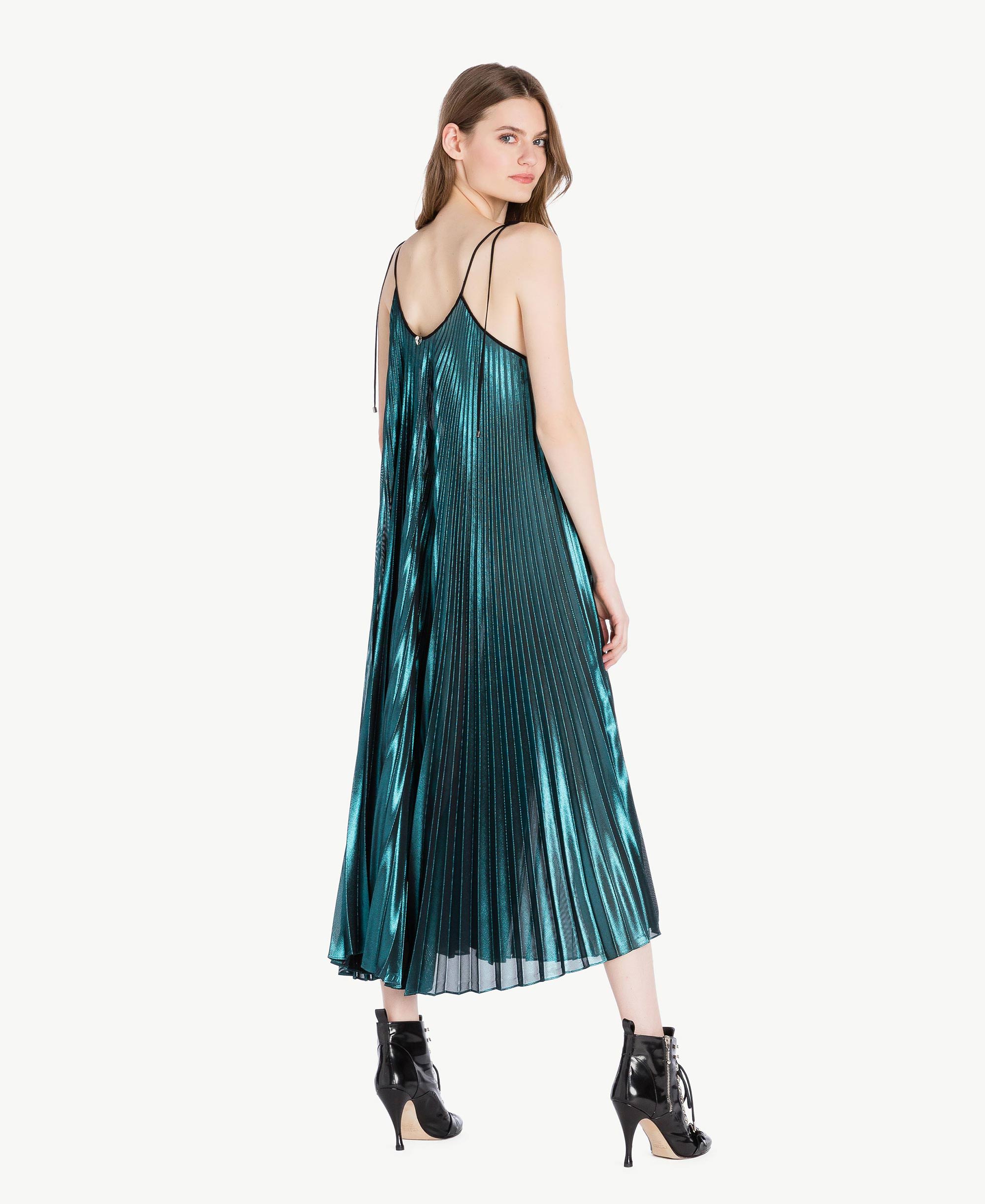 Pleated long dress with organza pleated cape sleeves in Gold
