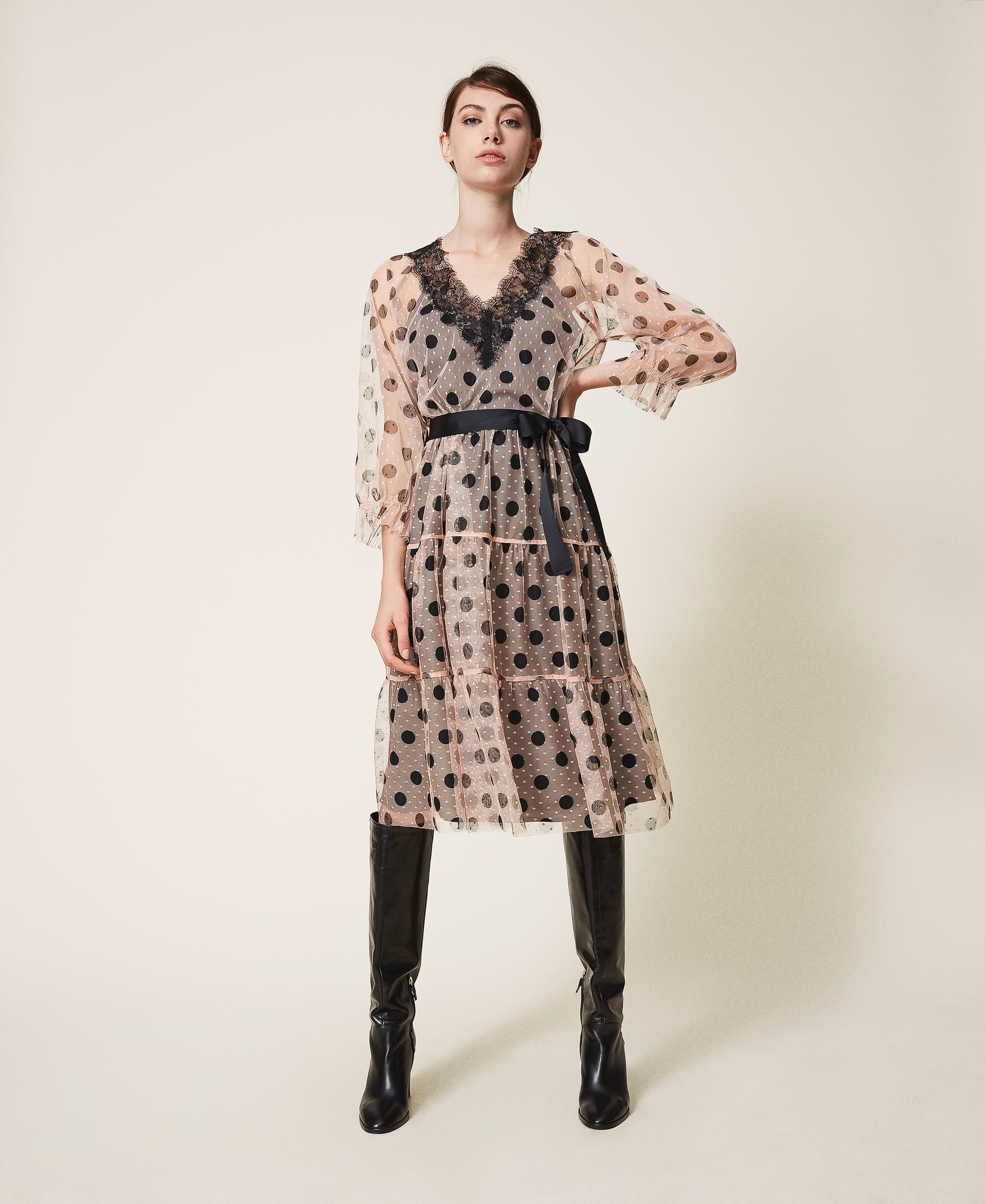 Abito in tulle con pizzo e cintura Donna, Rosa | TWINSET Milano