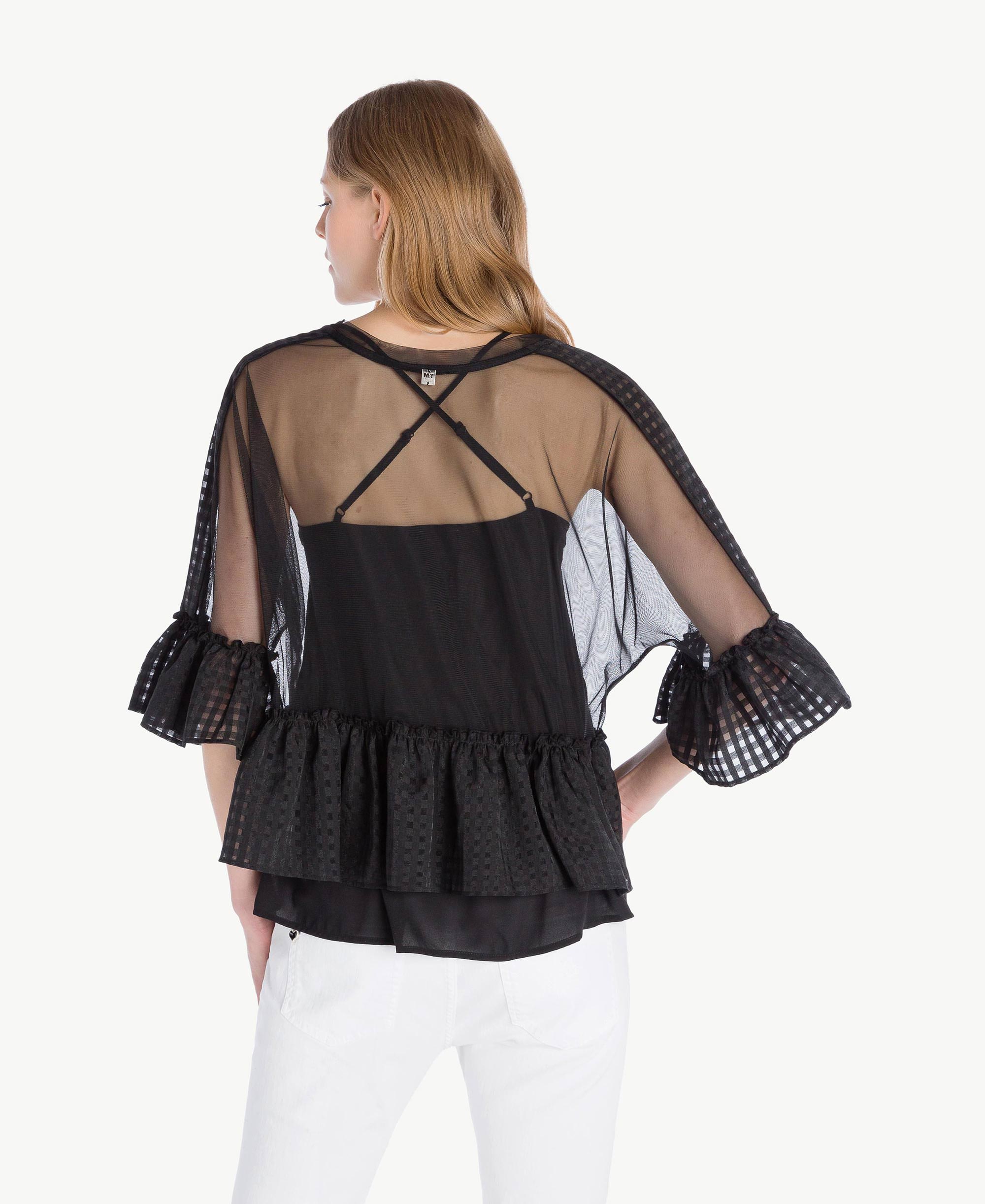 Petite Embroidered Tulle Blouse with Illusion Neckline