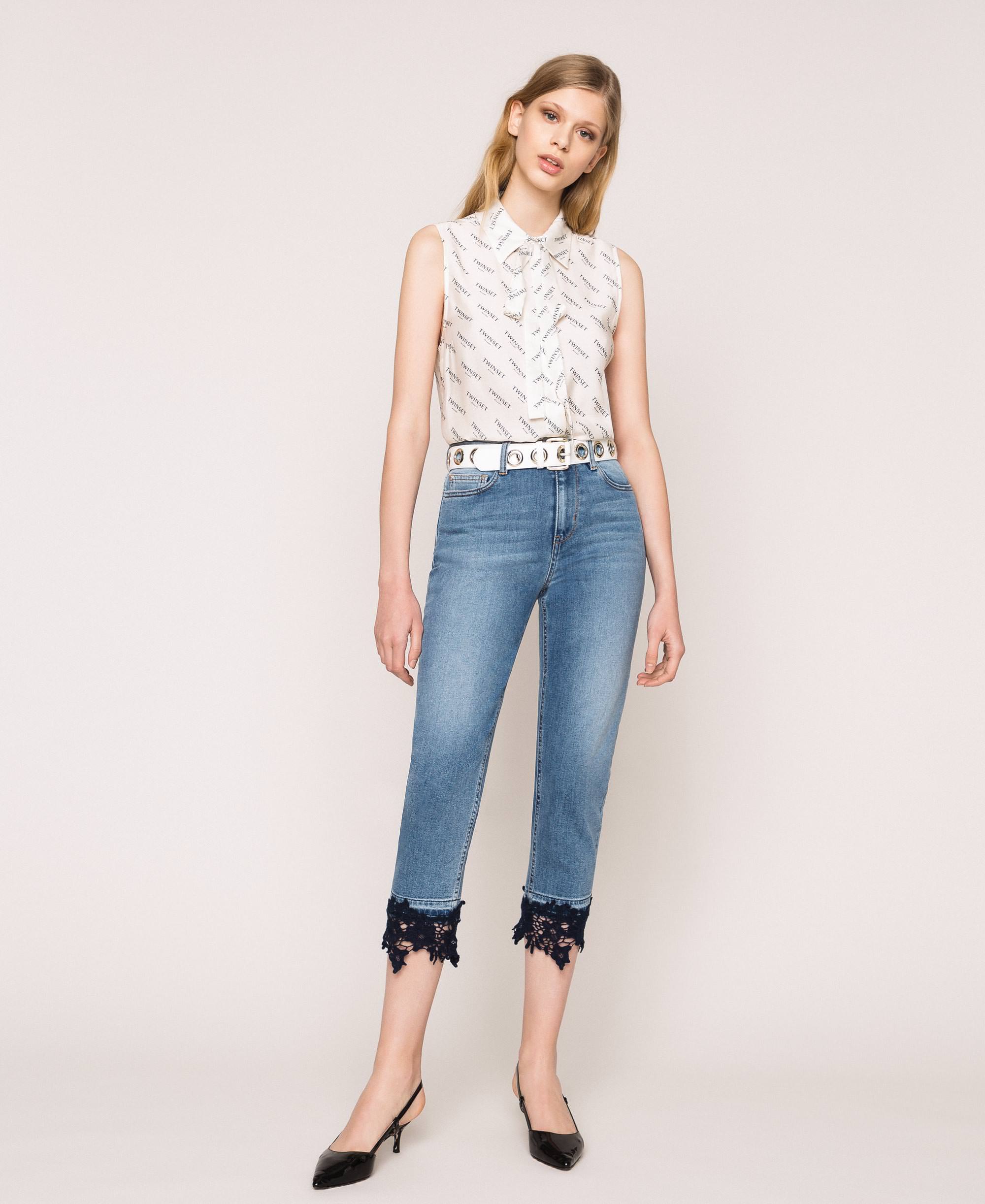 Jeans cropped con pizzo Donna, Blu | TWINSET Milano