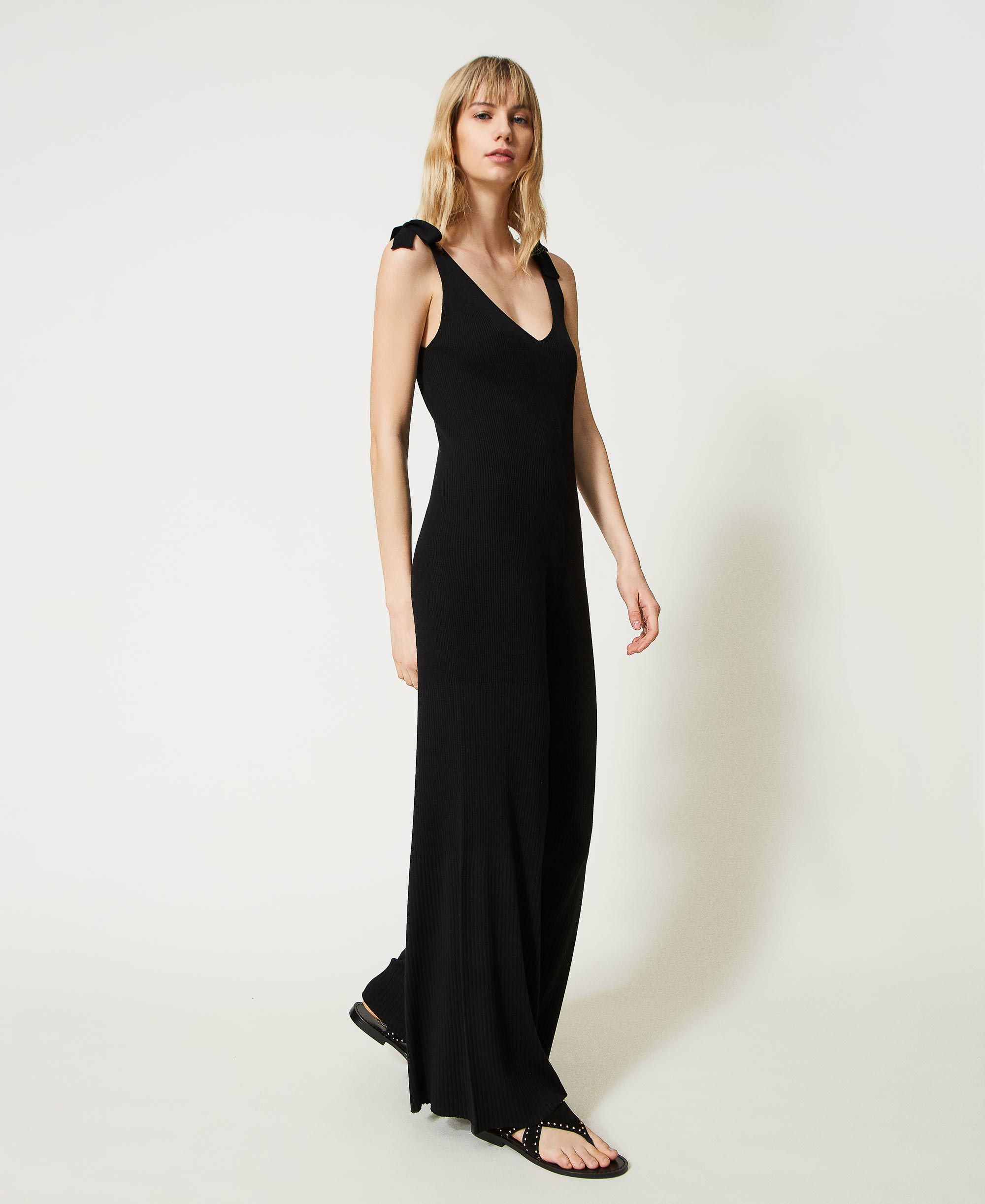 Long knit jumpsuit with pleats Woman, Black TWINSET Milano