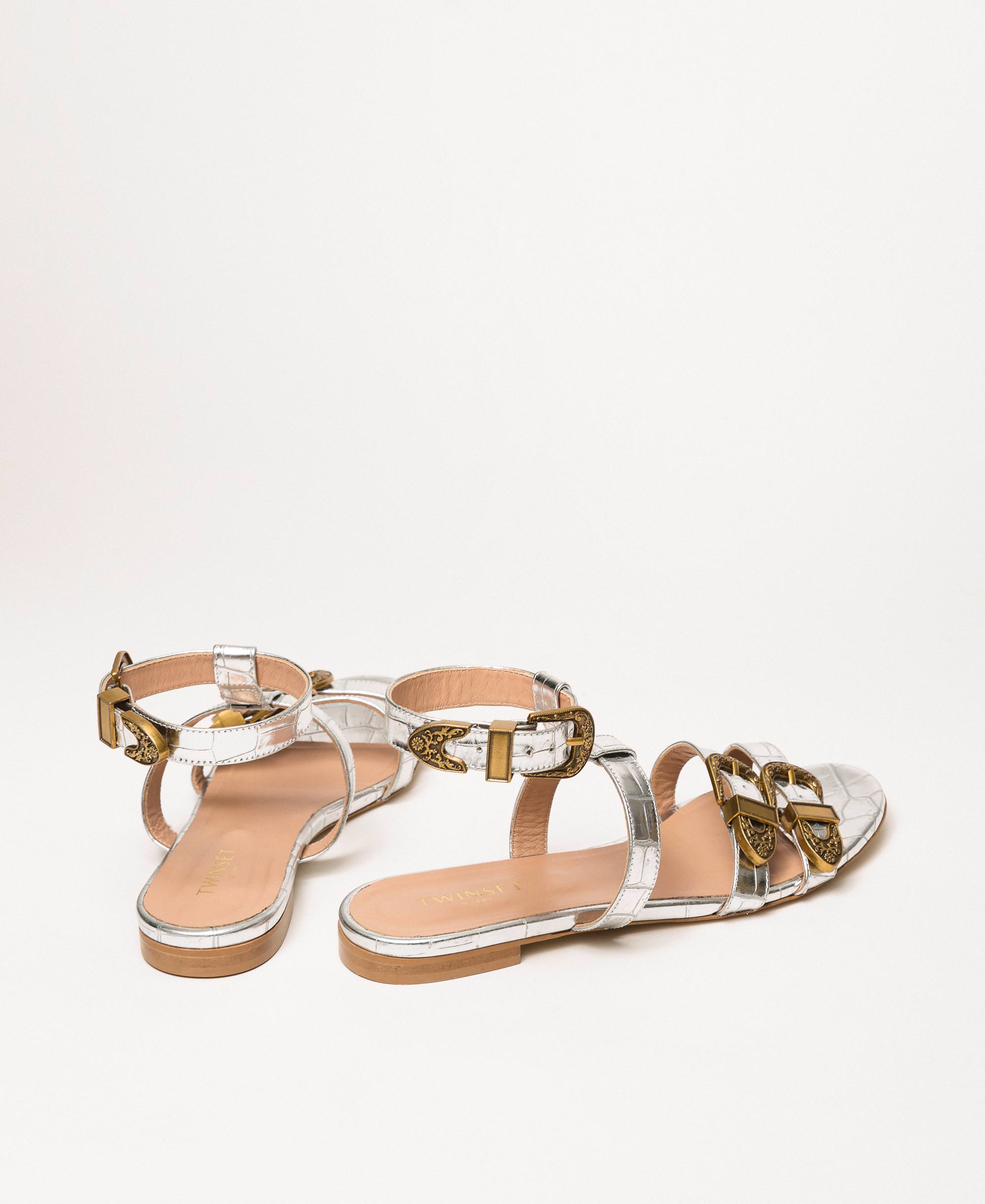 Flat leather sandals with crocodile print