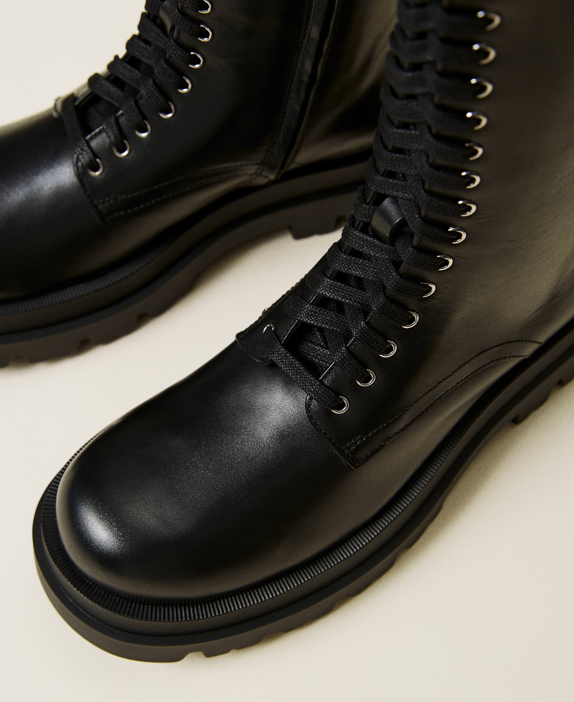 High top leather combat boots Woman, Black | TWINSET Milano