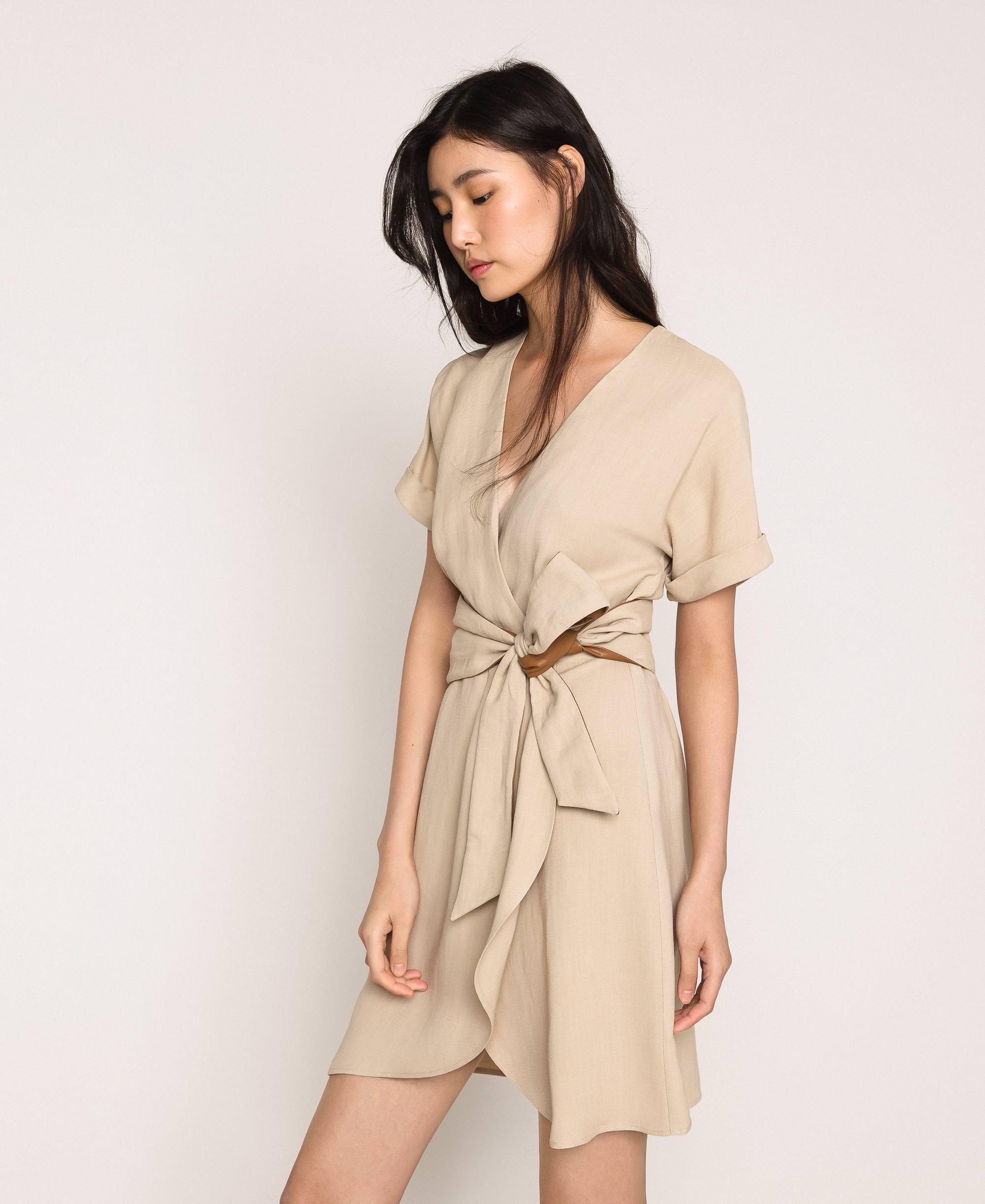 Vestido de lona y piel sintética Mujer, Beige | TWINSET Milano