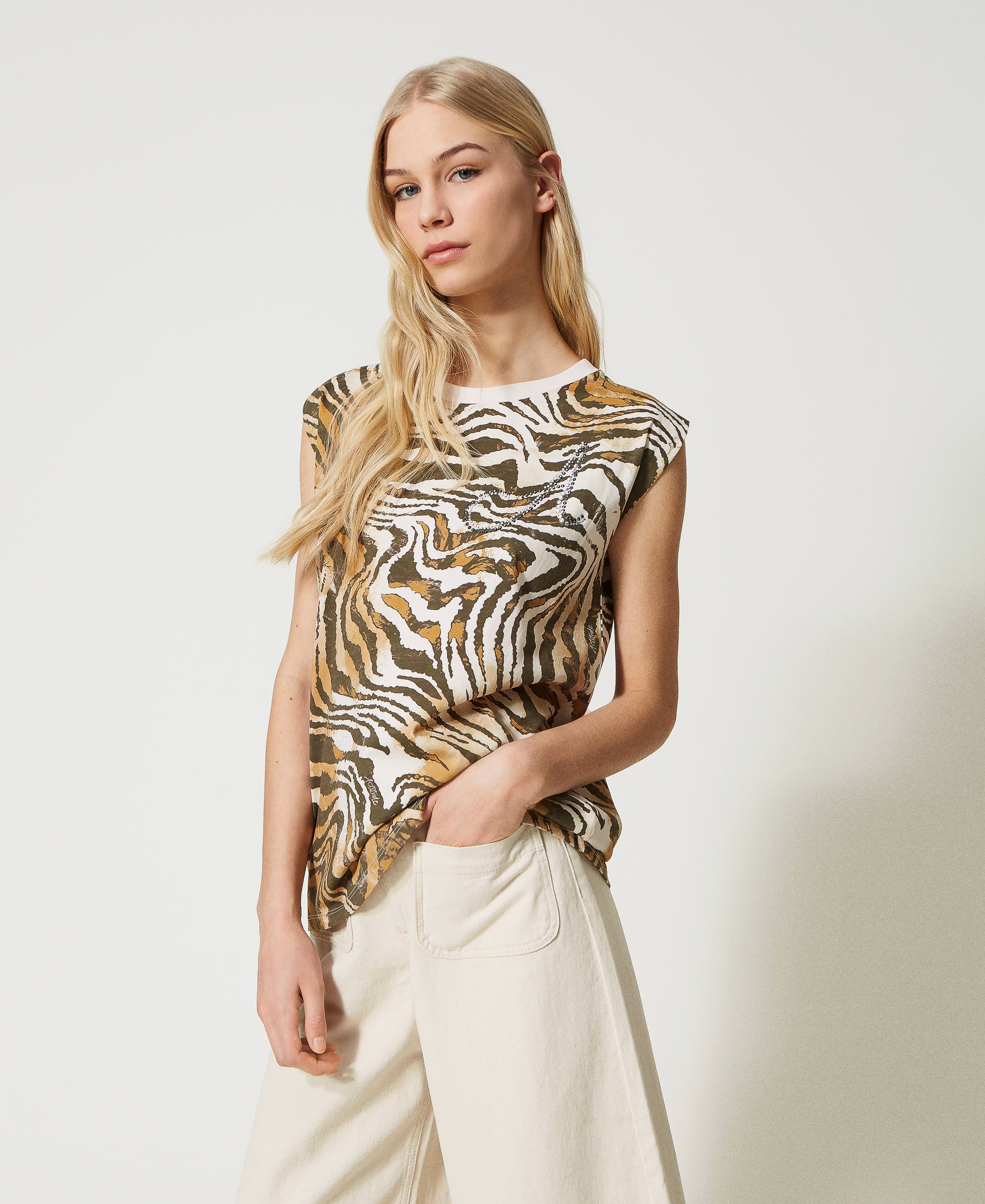 Animal print tshirt with rhinestone logo Woman, Patterned TWINSET Milano
