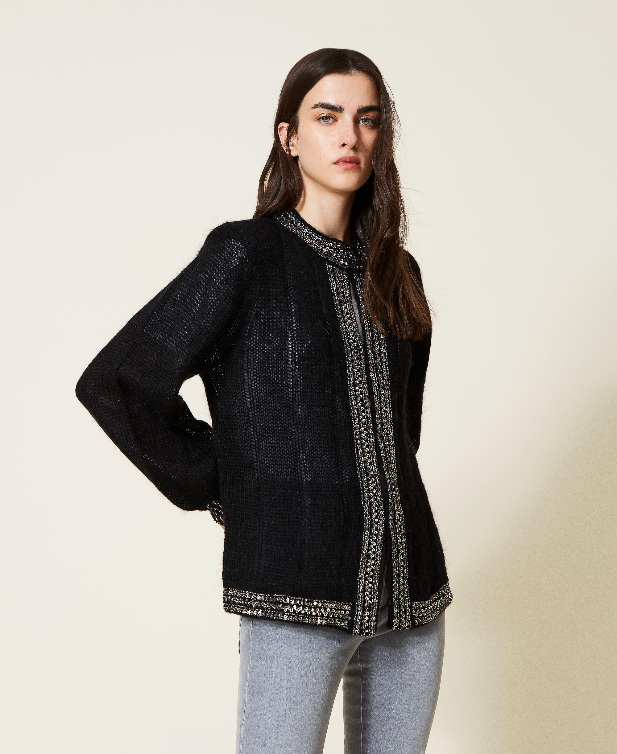 Mohair blend cardigan with handmade embroidery Woman, Black TWINSET Milano