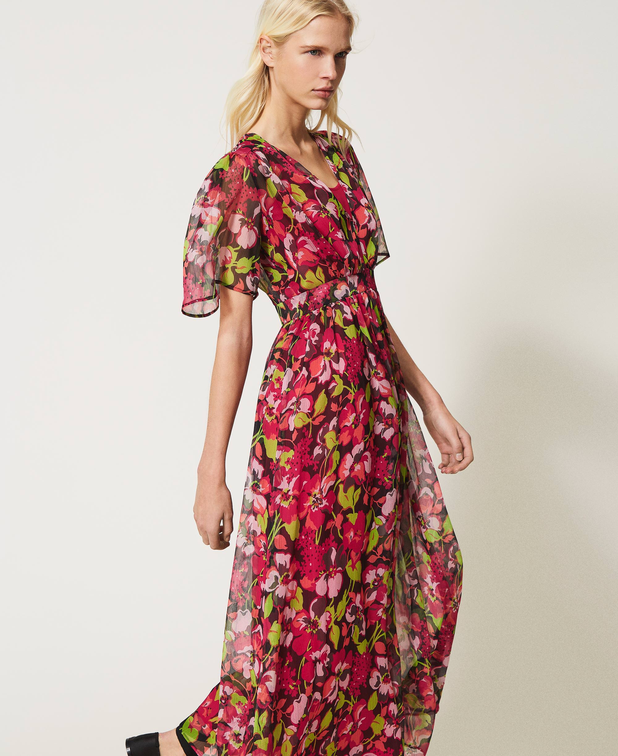 Floral creponne long dress Woman, Fuchsia | TWINSET Milano
