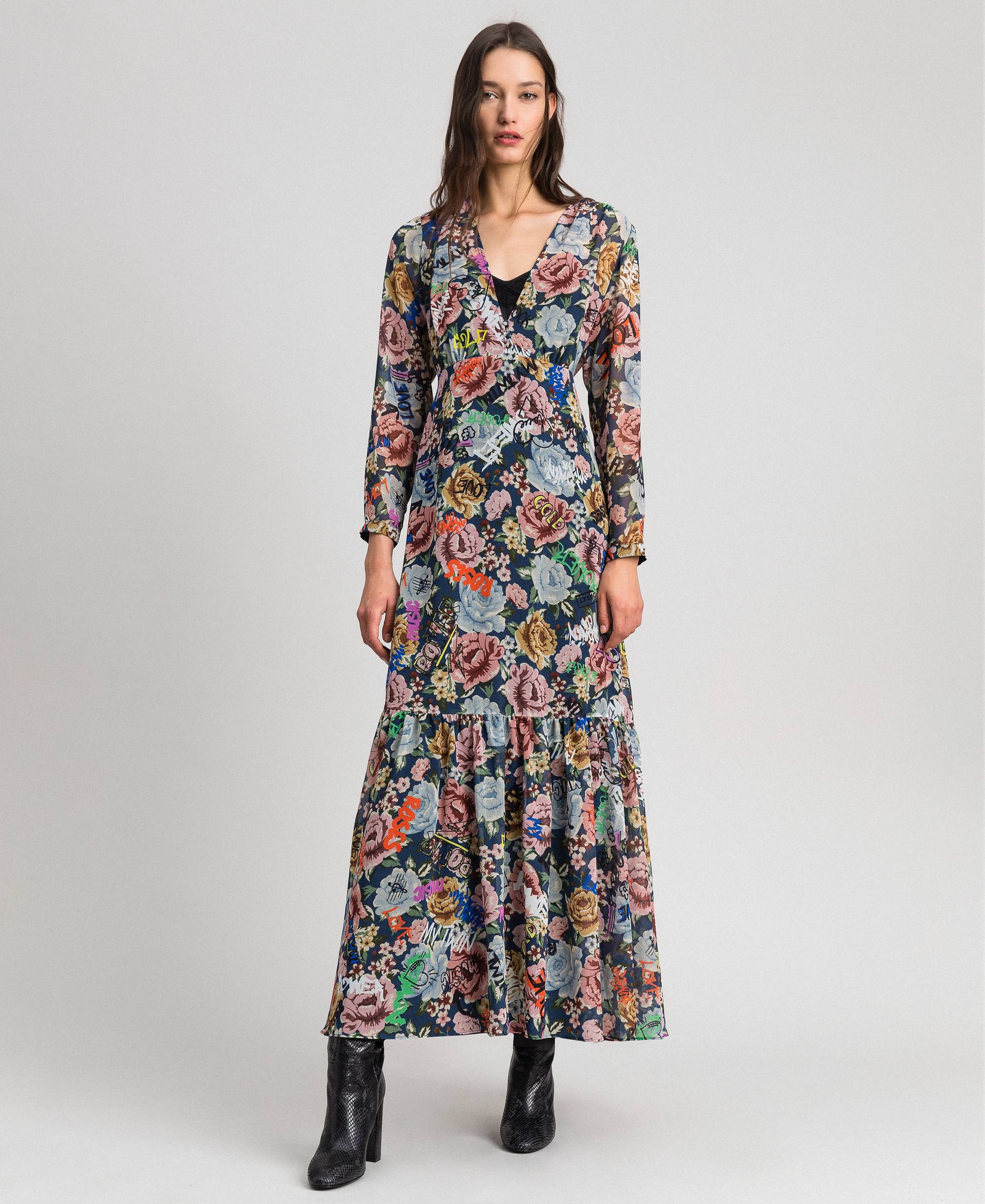 Long dress with floral and graffiti print