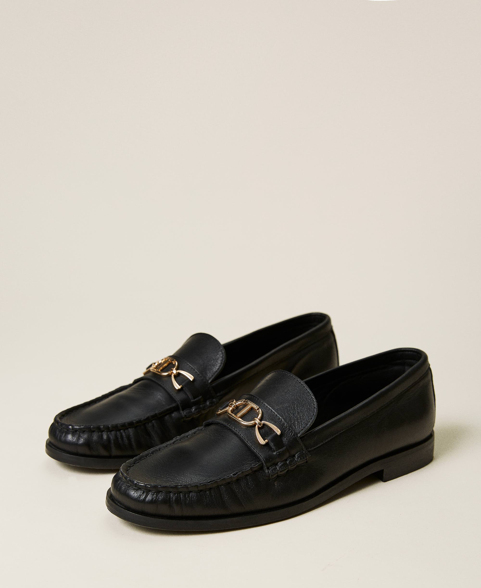 Leather loafers with logo clasp Woman, Black | TWINSET Milano