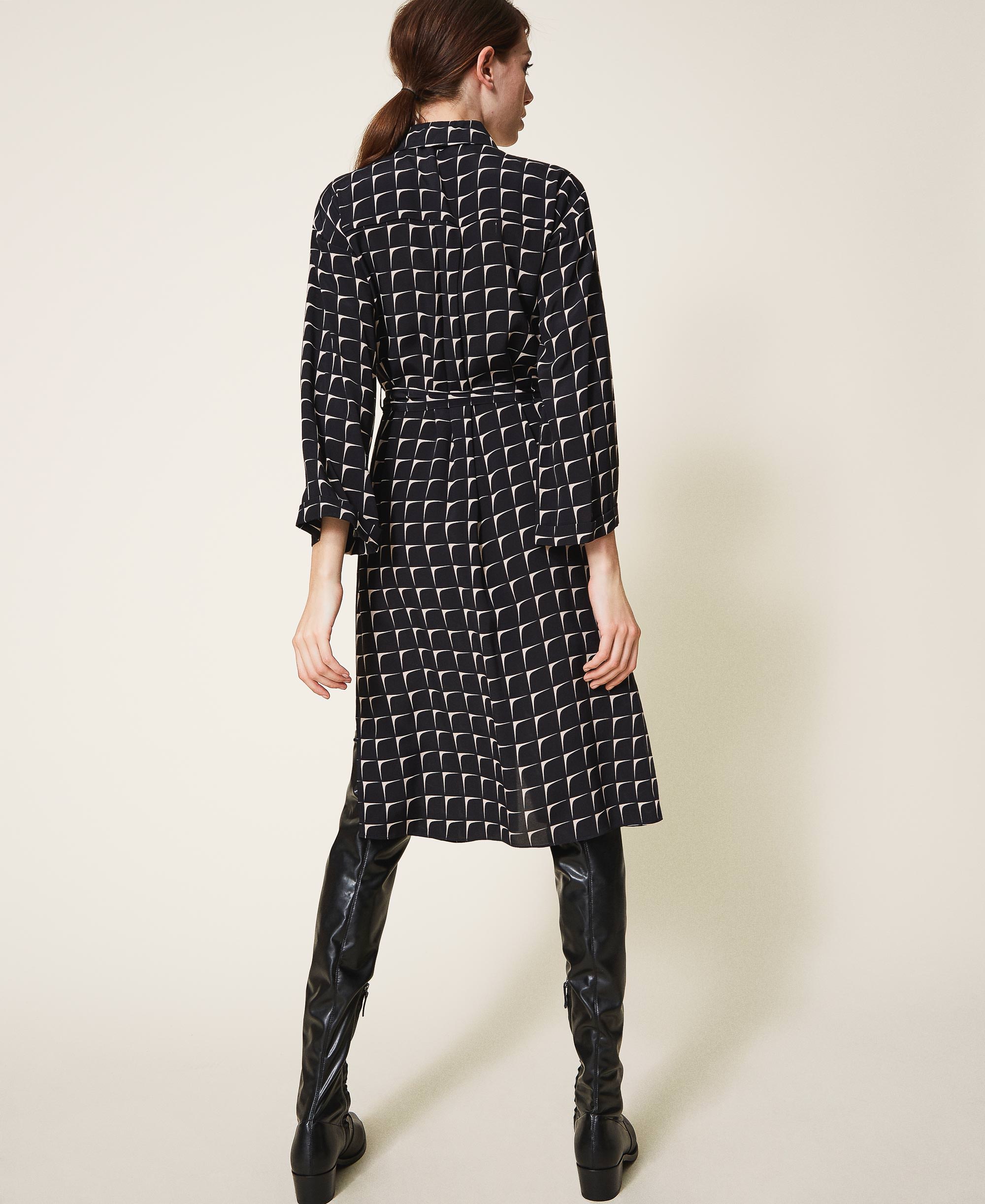 Printed crêpe de Chine shirt dress Woman, Black | TWINSET Milano