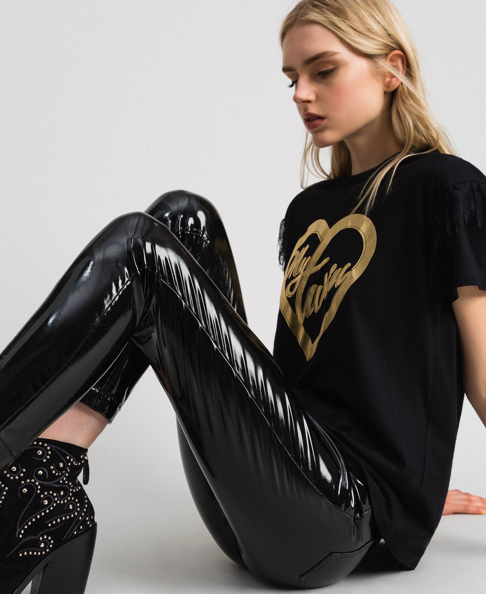 Patent leather effect faux leather leggings Woman, Black | TWINSET Milano