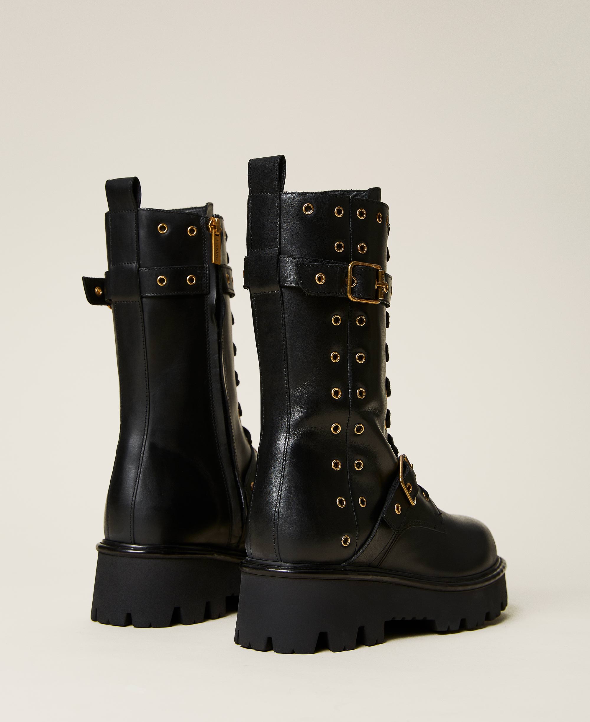 Leather combat boots with decorative eyelets Woman, Black | TWINSET Milano