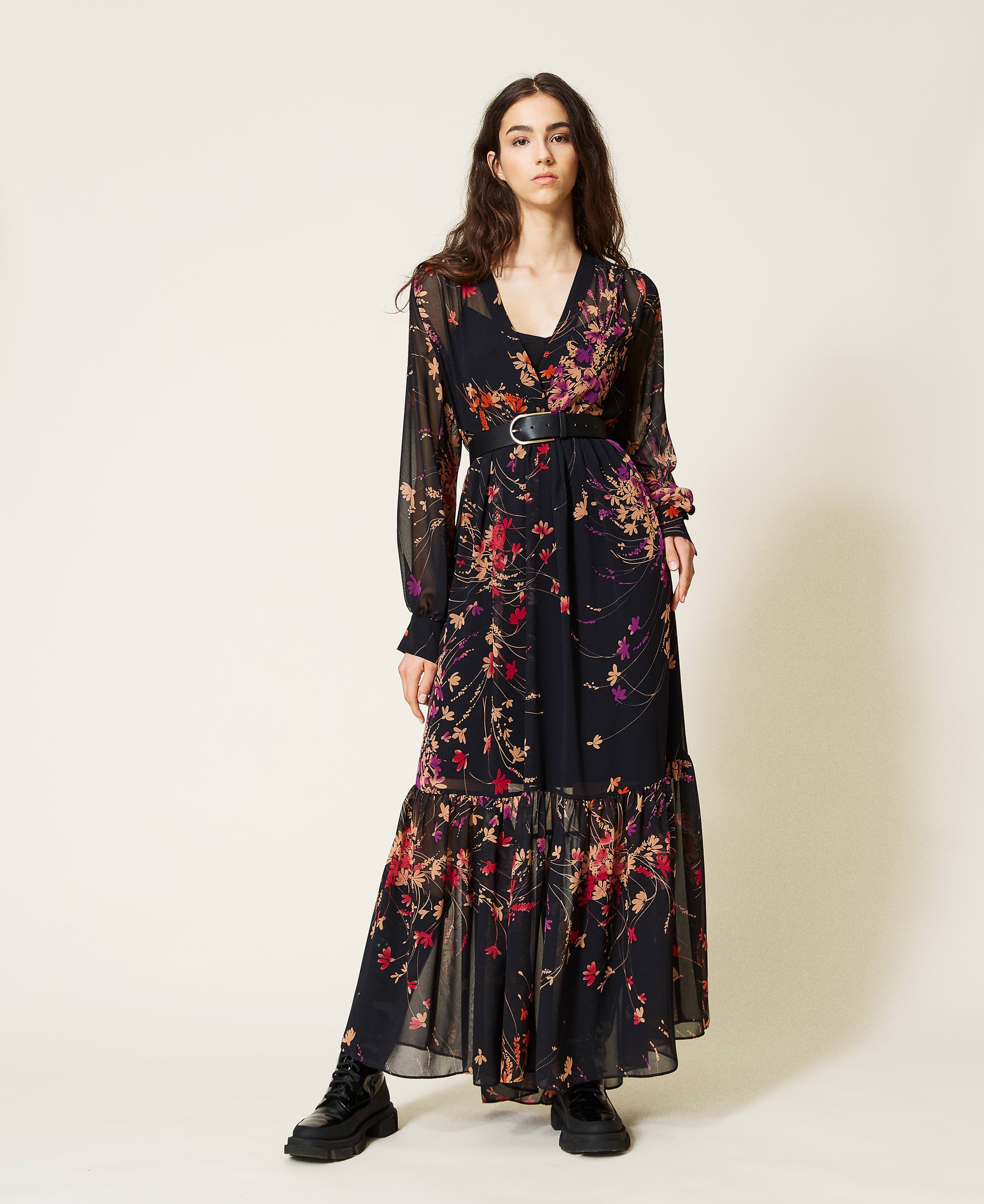 Floral print long dress Woman, Black   TWINSET Milano