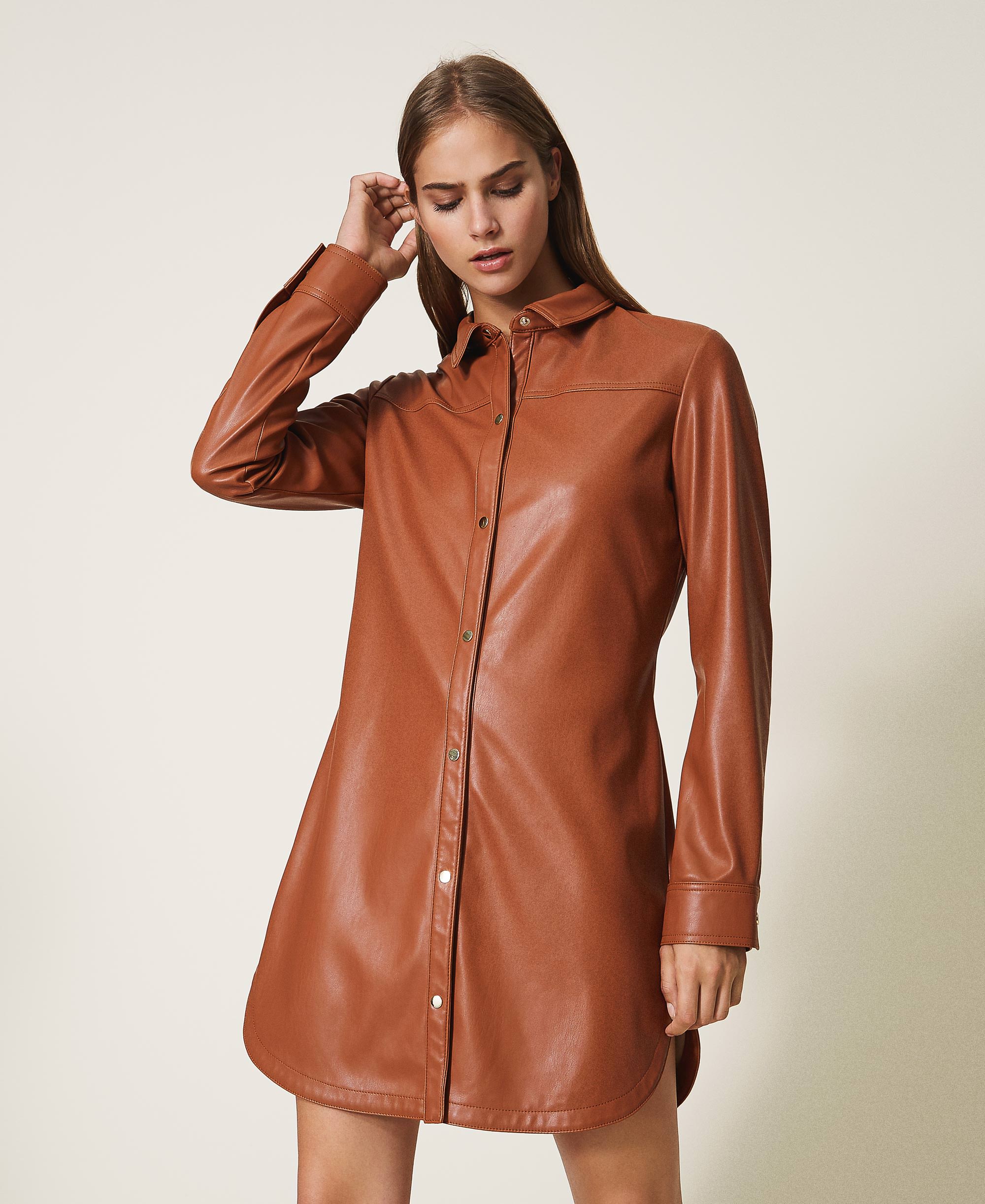 Faux leather shirt dress Woman, Brown ...
