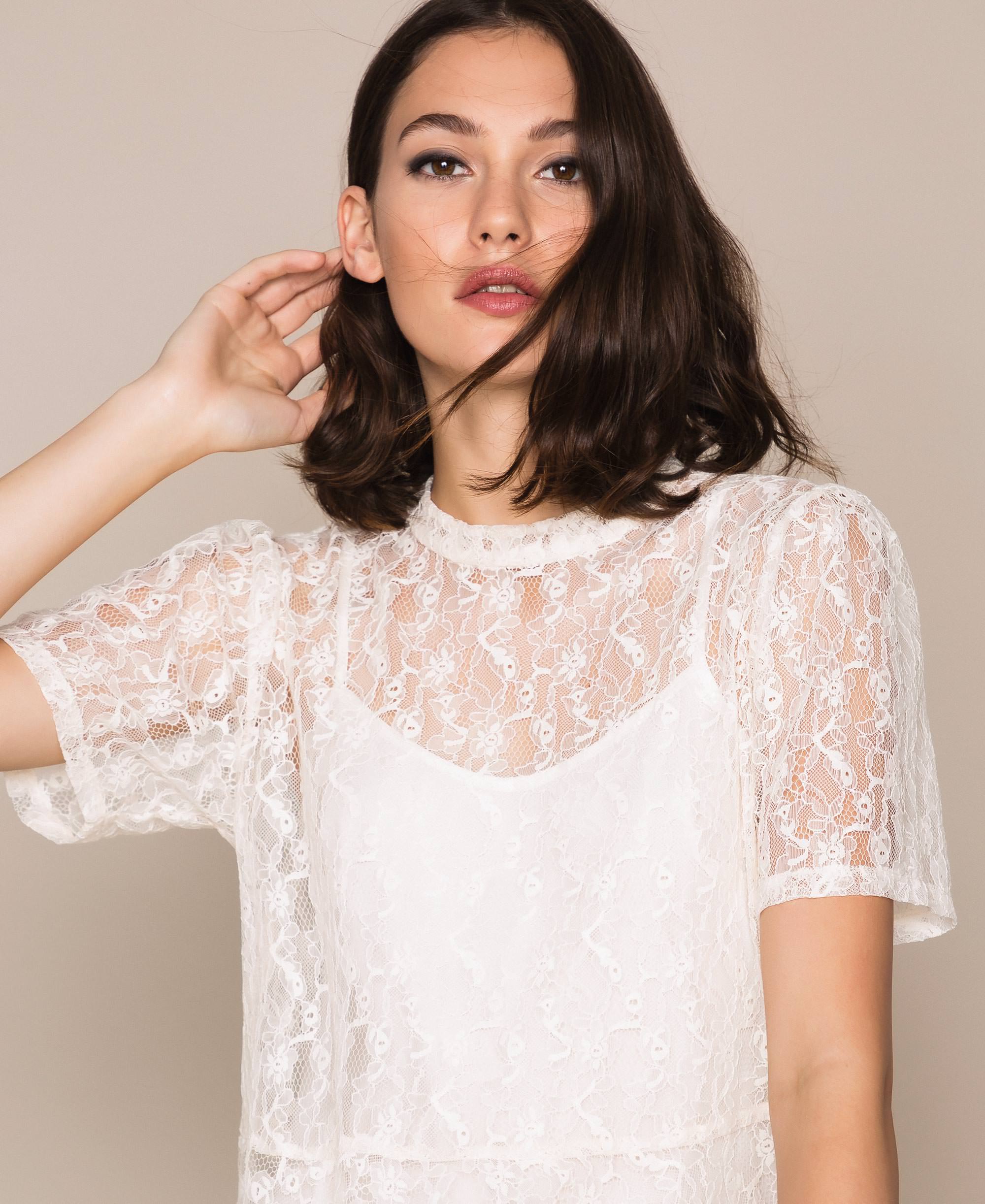 Lace blouse with flounce Woman, White 